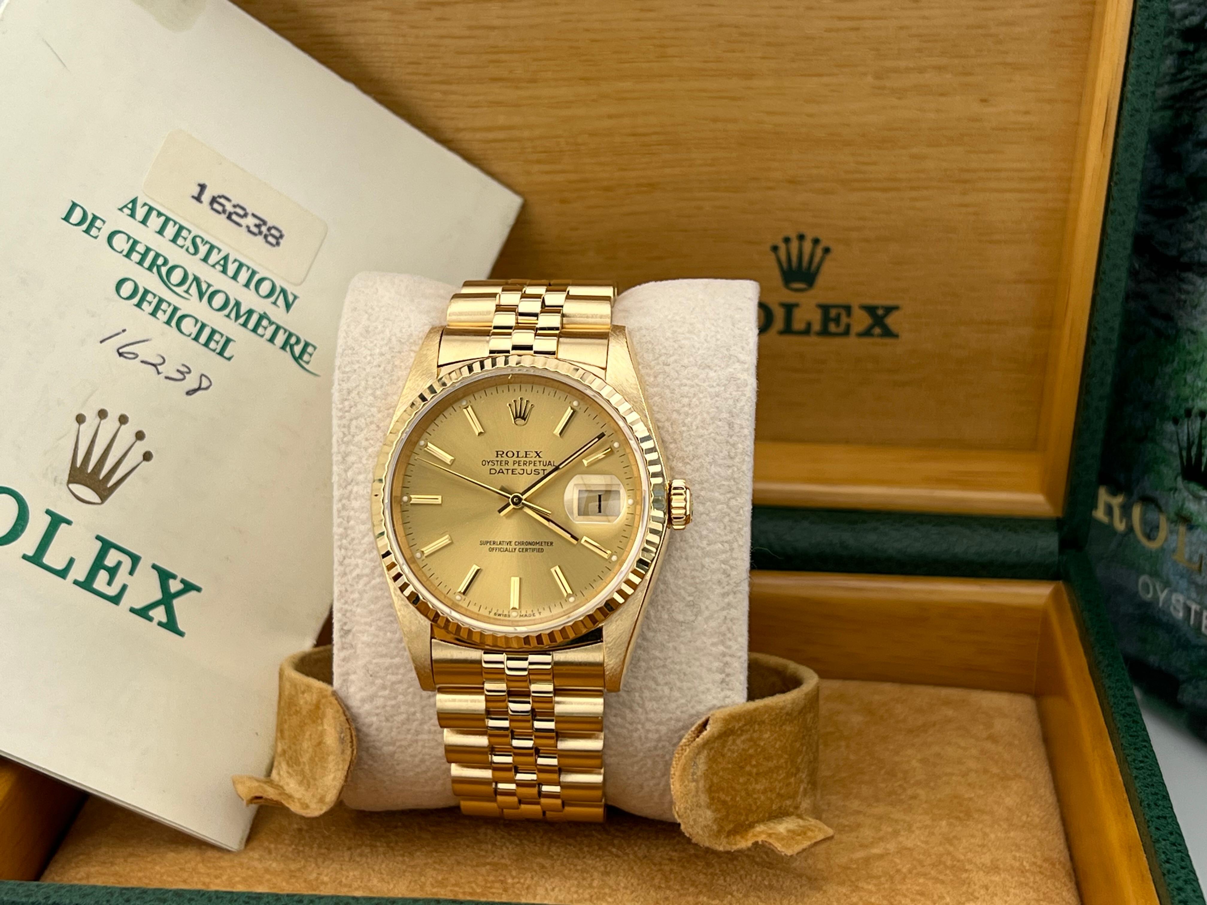 Style Number: 16238



Serial: L329***



Year: 1990

 

Model: Rolex Datejust 

 

Case Material: 18K Yellow Gold 

 

Band: 18K Yellow Gold 

  

Bezel: 18K Yellow Gold 

  

Dial: Champagne 

 

Face: Sapphire Crystal 

 

Case Size: 36mm 

