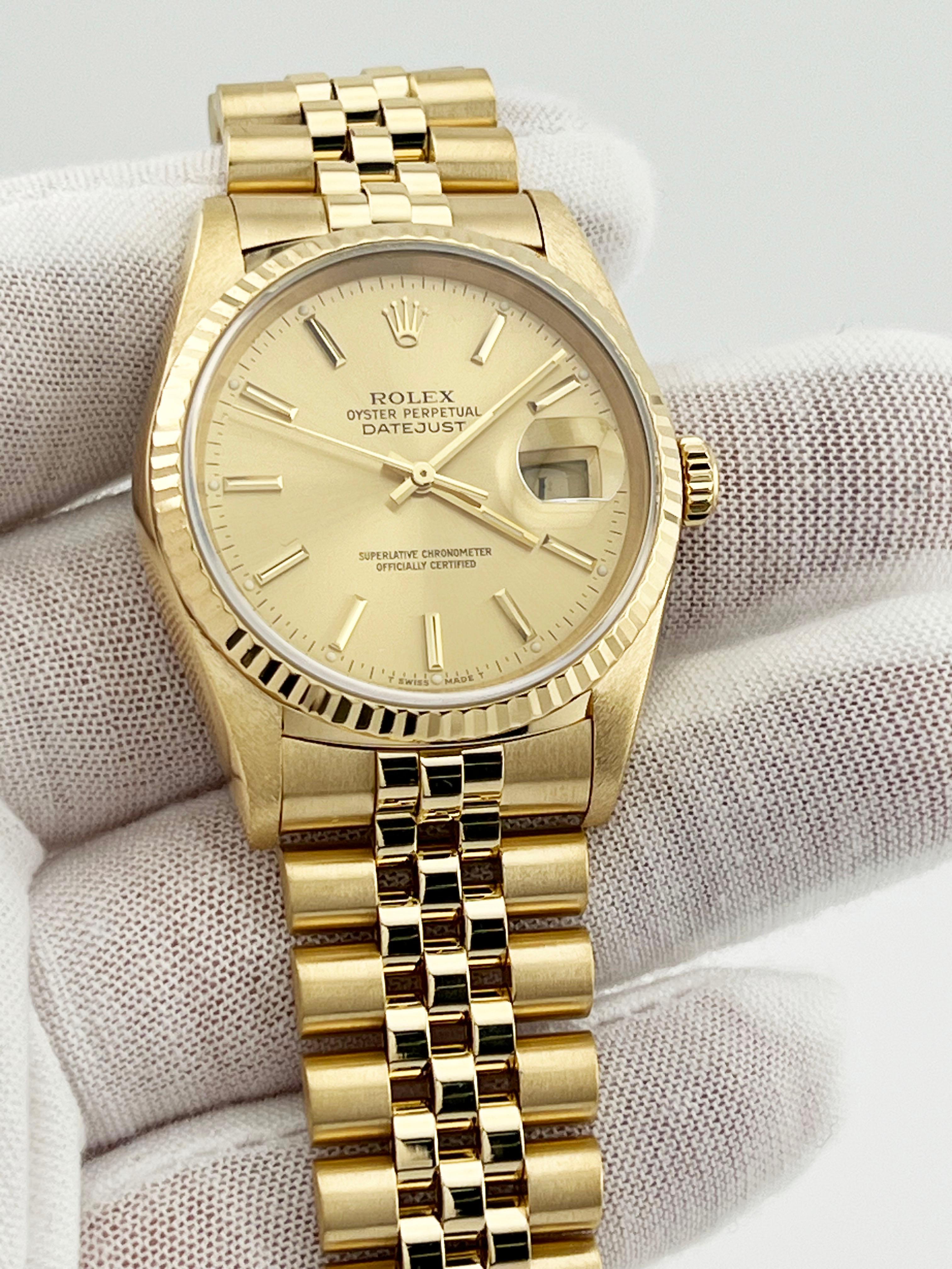 Women's or Men's Rolex Datejust 16238 36mm 18K Yellow Gold Champagne Dial Jubilee Band Box Paper