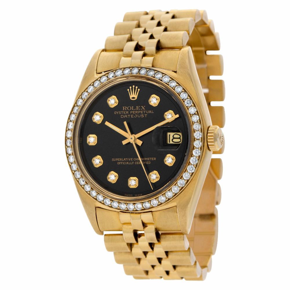 Rolex Datejust in 18k yellow gold on an 18k jubilee bracleet with custom diamond dial and custom diamond bezel. Auto with date and sweep seconds. 36 mm case size. Ref 1625. Circa 1991. Fine Pre-owned Rolex Watch. Certified preowned Classic Rolex