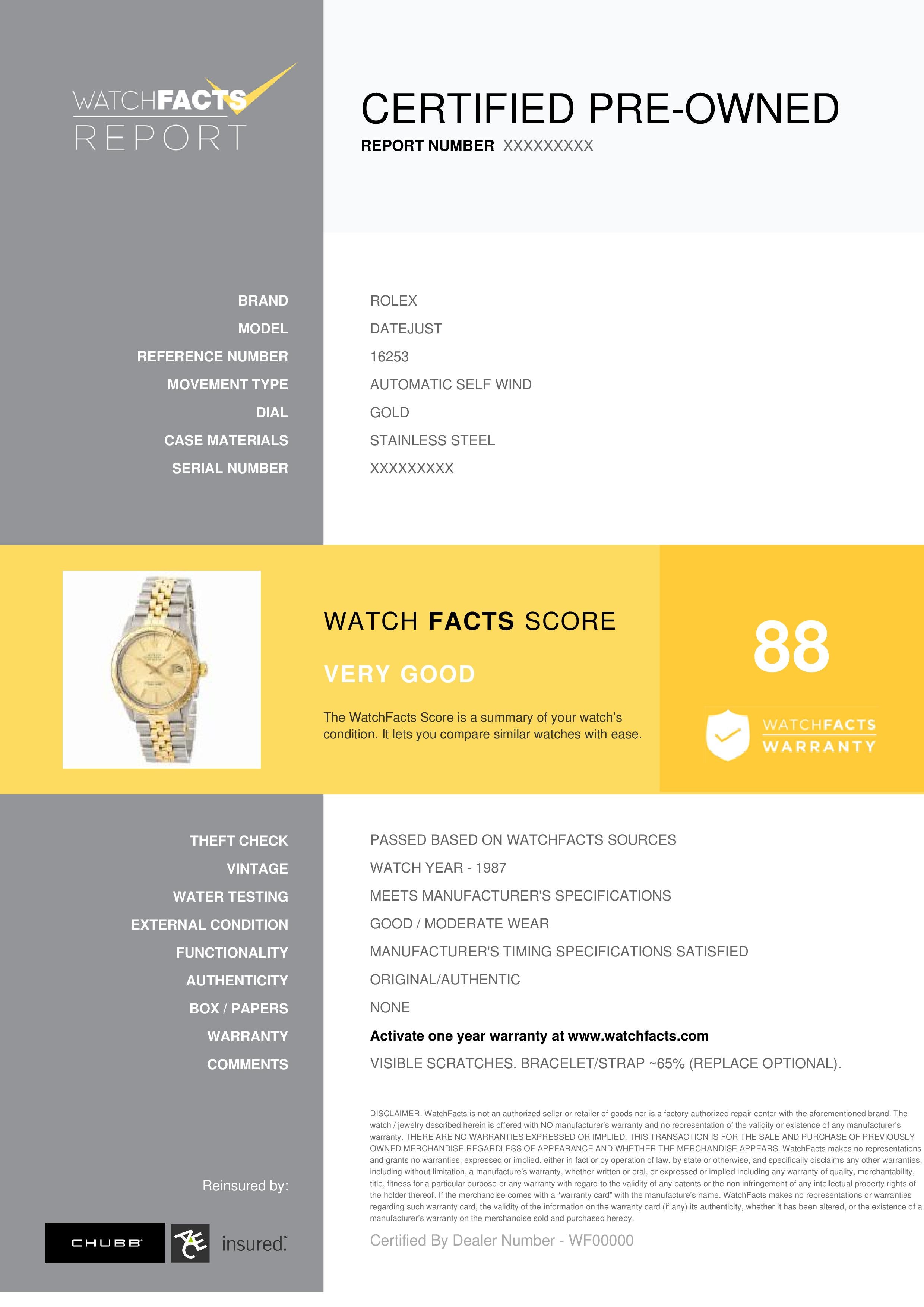 Rolex Datejust Reference #: 16253. Mens Automatic Self Wind Watch Stainless Steel Gold 36 MM. Verified and Certified by WatchFacts. 1 year warranty offered by WatchFacts.
