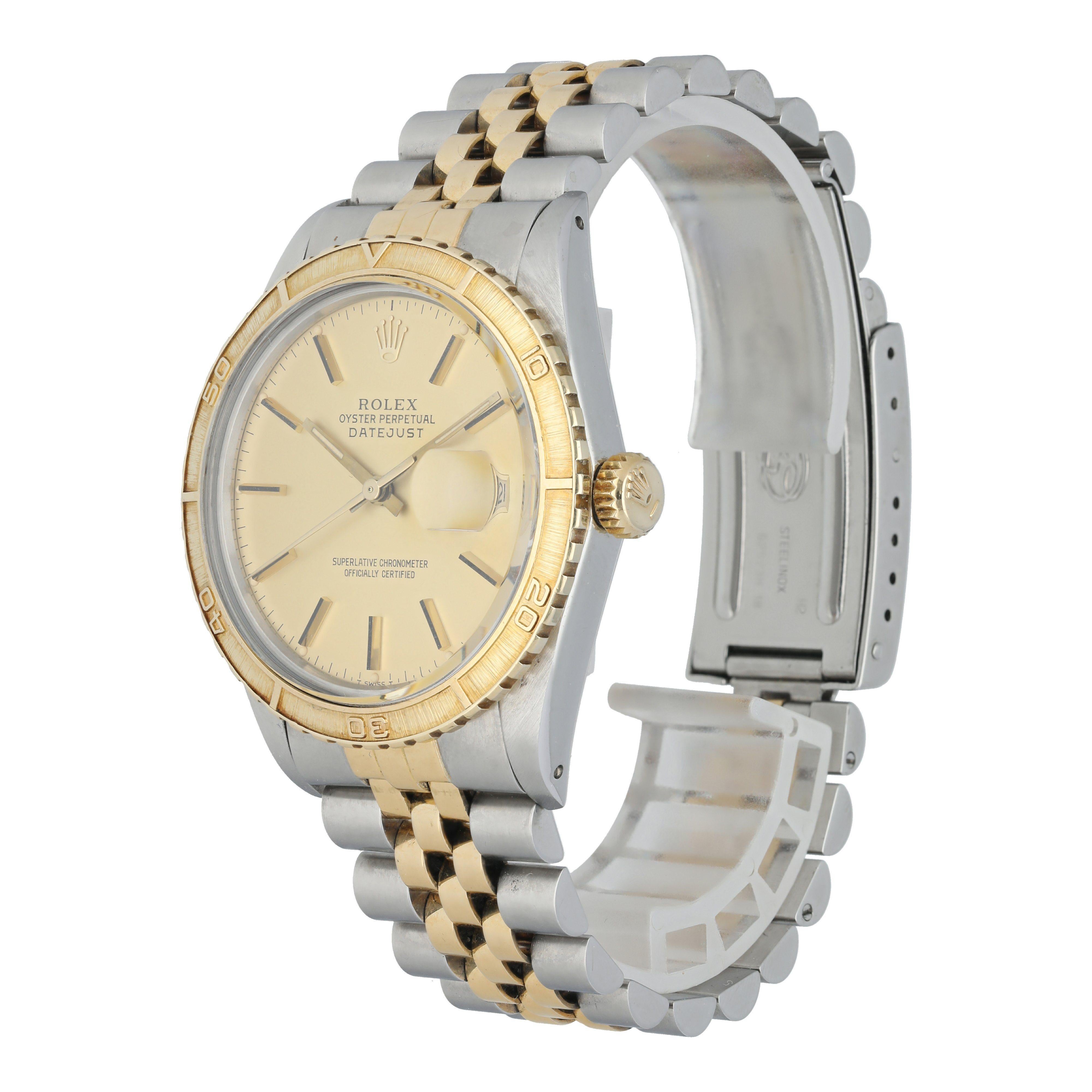 Rolex datejust 16253 Turn-O-Graph Men's Watch
36mm stainless steel case yellow gold turn-o-graph bezel.
champagne dial with gold hands and index hour markers.
date display a 3 o'clock position.
Minute markers around the outer dial.
stainless steel
