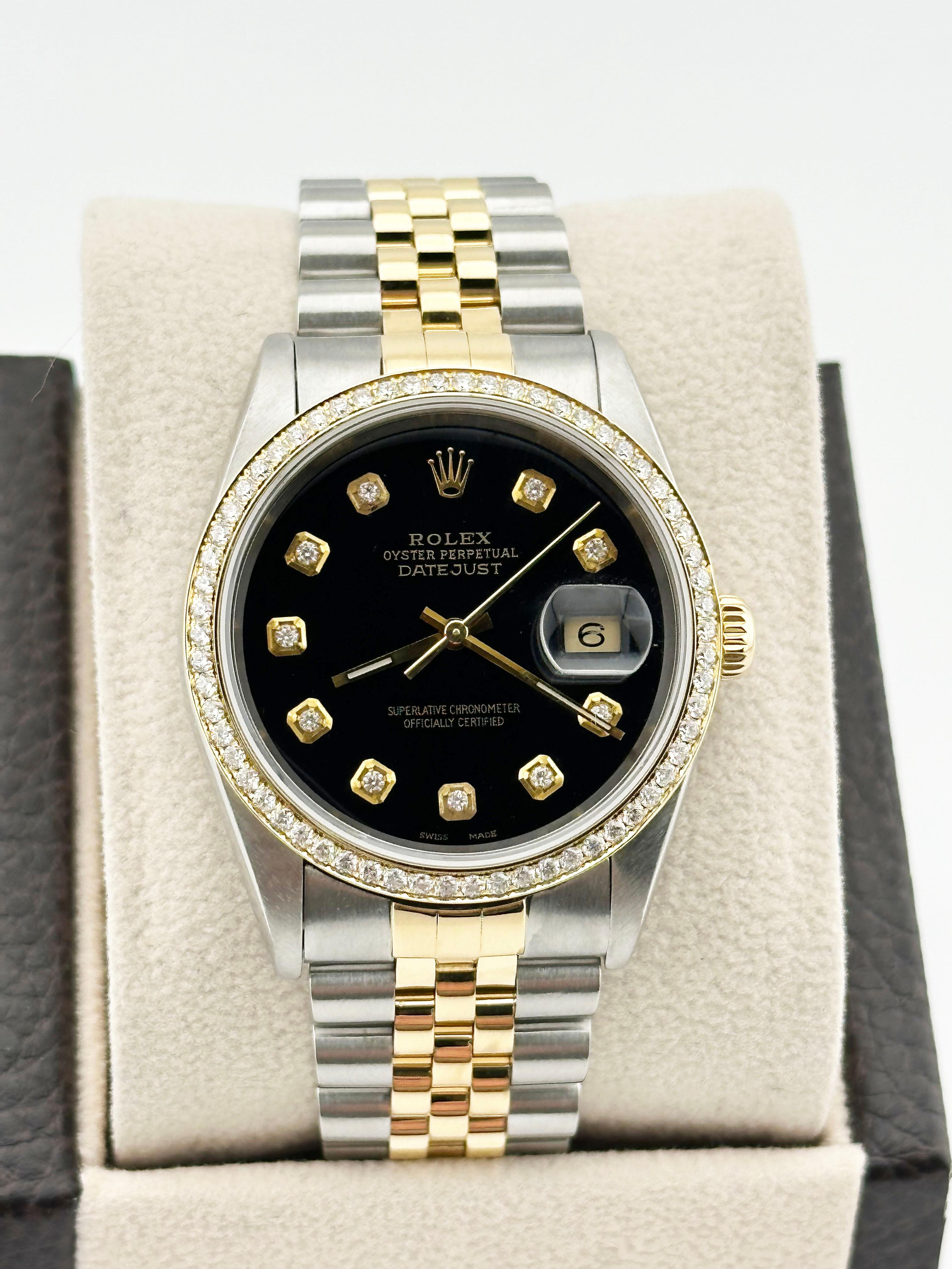 Uomo Rolex Datejust 16263 Quadrante e lunetta in diamanti neri Oro giallo 18 carati inossidabile 36 mm in vendita