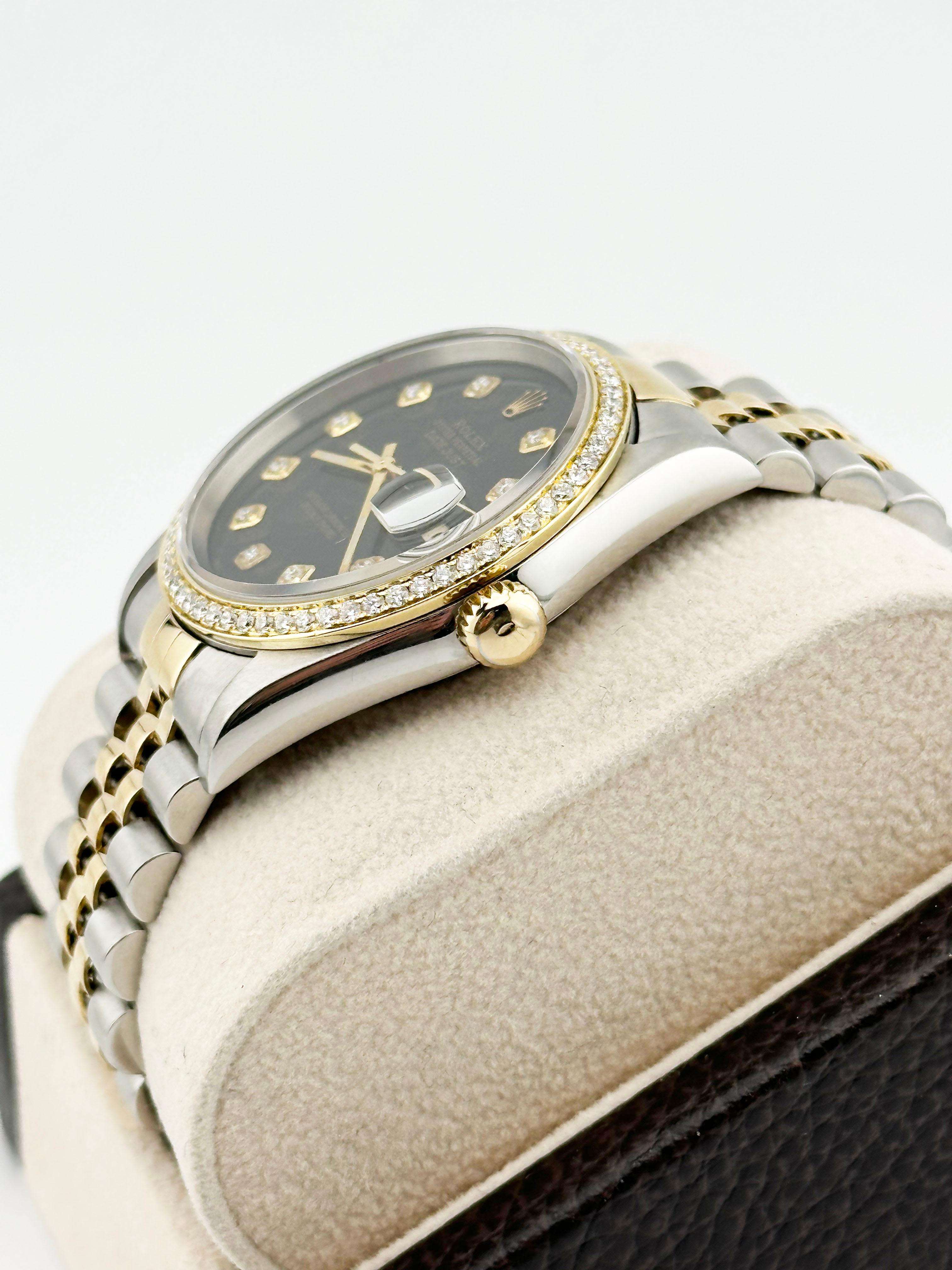 Rolex Datejust 16263 Quadrante e lunetta in diamanti neri Oro giallo 18 carati inossidabile 36 mm in vendita 1