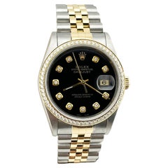 Rolex Datejust 16263 Black Diamond Dial and Bezel 18K Yellow Gold Stainless 36mm
