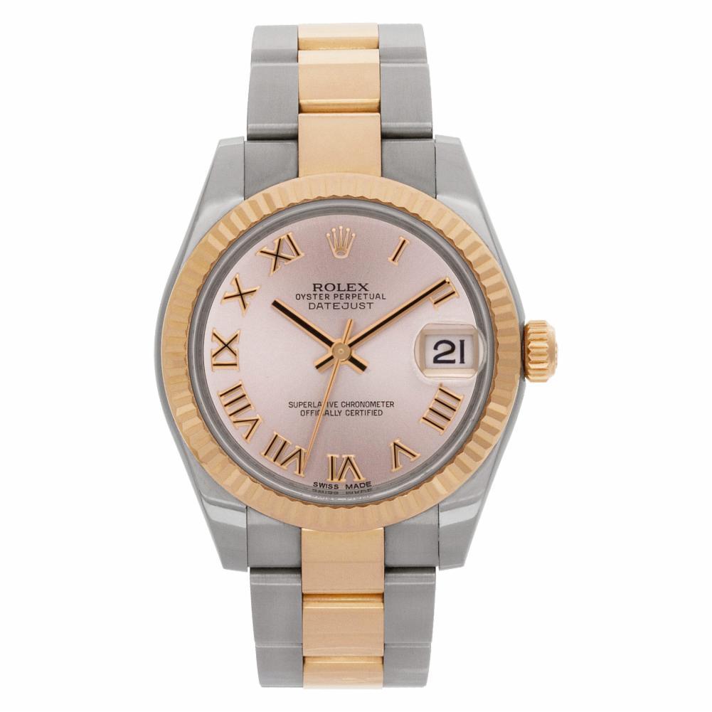 Rolex Datejust Reference #:178271. Rolex Midsize Datejust in 18k Everose gold & stainless steel with fluted bezel and rose dial set with rose gold applied Roman numeral hour markers. Auto w/sweep seconds and date. With box and papers. Ref 178271.
