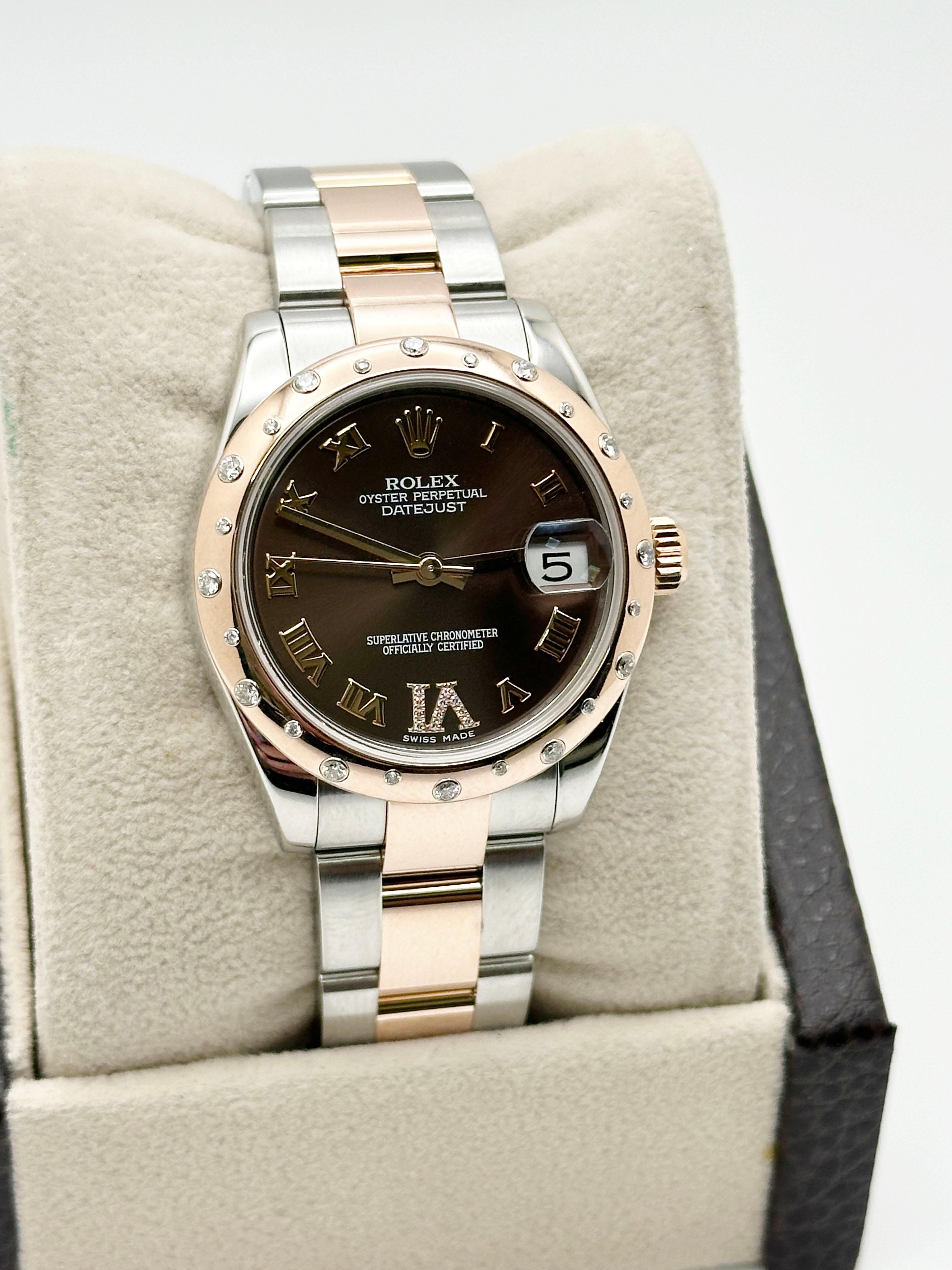 Stilnummer: 178341



Seriennummer: G516***



Jahr: 2012

 

Modell: Rolex Midsize Datejust 

 

MATERIAL des Gehäuses: Rostfreier Stahl 

 

Band: 18K Rose Gold & Edelstahl

  

Lünette: 18K Rose Gold verstreut Diamant Lünette

  

Zifferblatt: