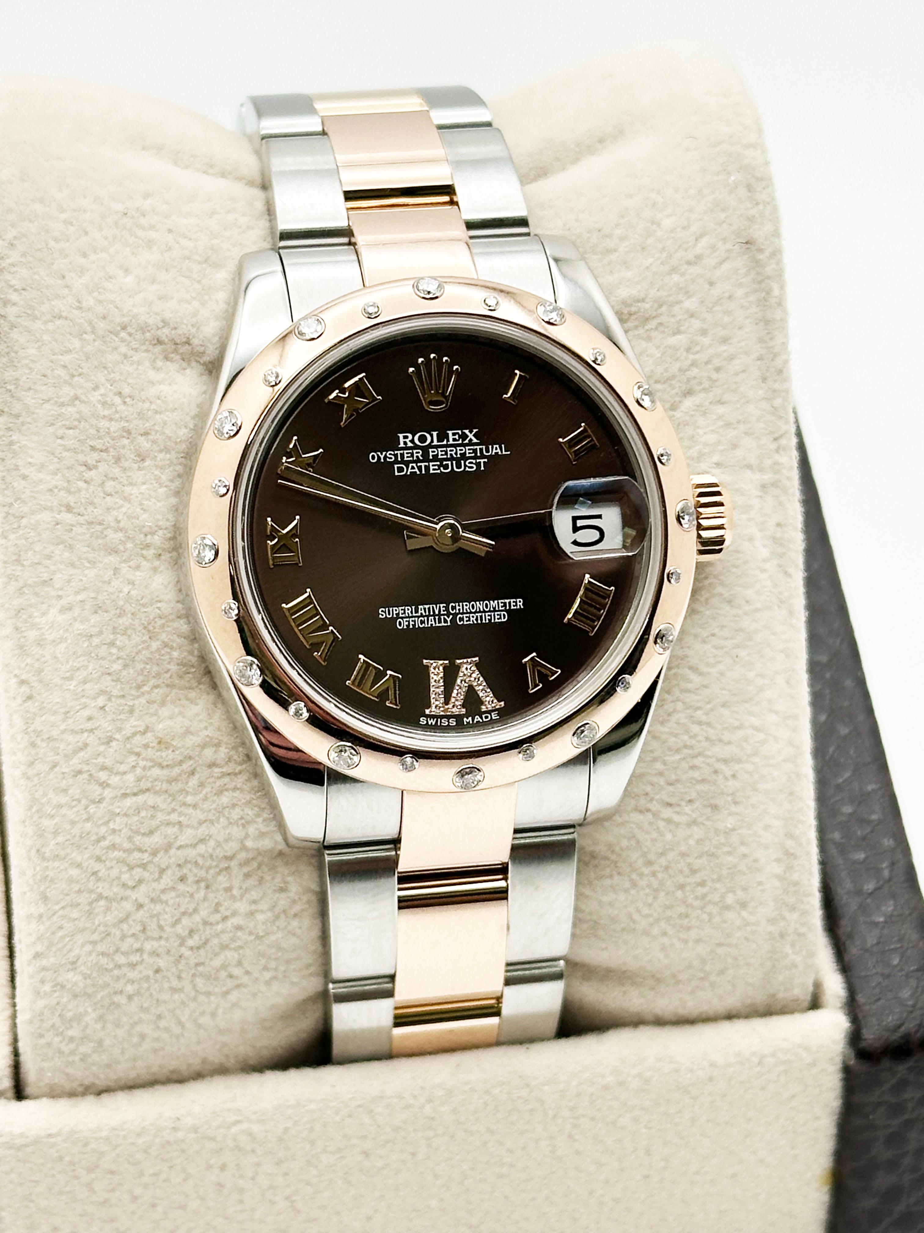 Rolex Datejust 178341 31mm Schokoladen-Diamant-Zifferblatt und Lünette 18K Roségold Stahlstahl im Zustand „Hervorragend“ im Angebot in San Diego, CA