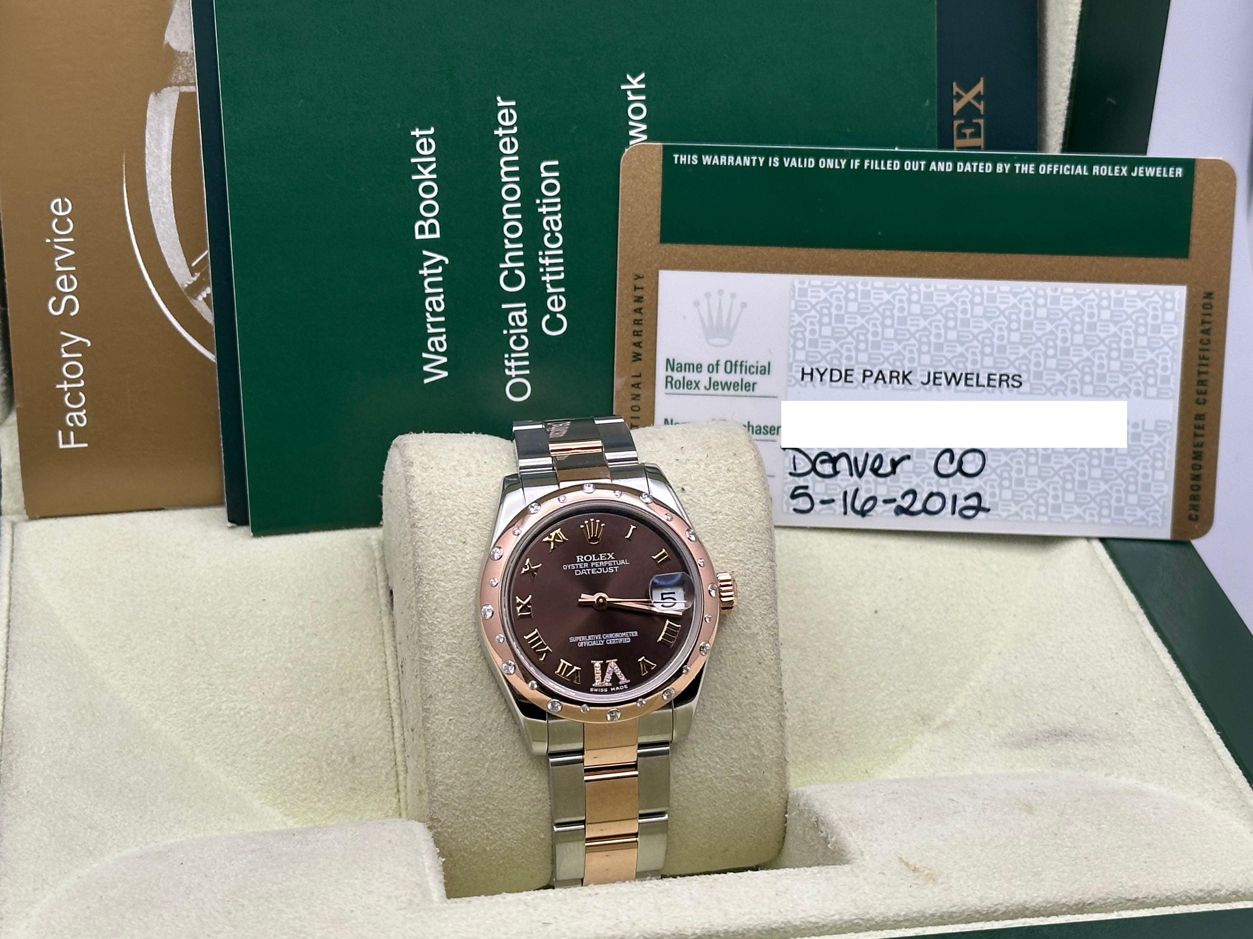 Rolex Datejust 178341 31mm Schokoladen-Diamant-Zifferblatt und Lünette 18K Roségold Stahlstahl im Angebot 4