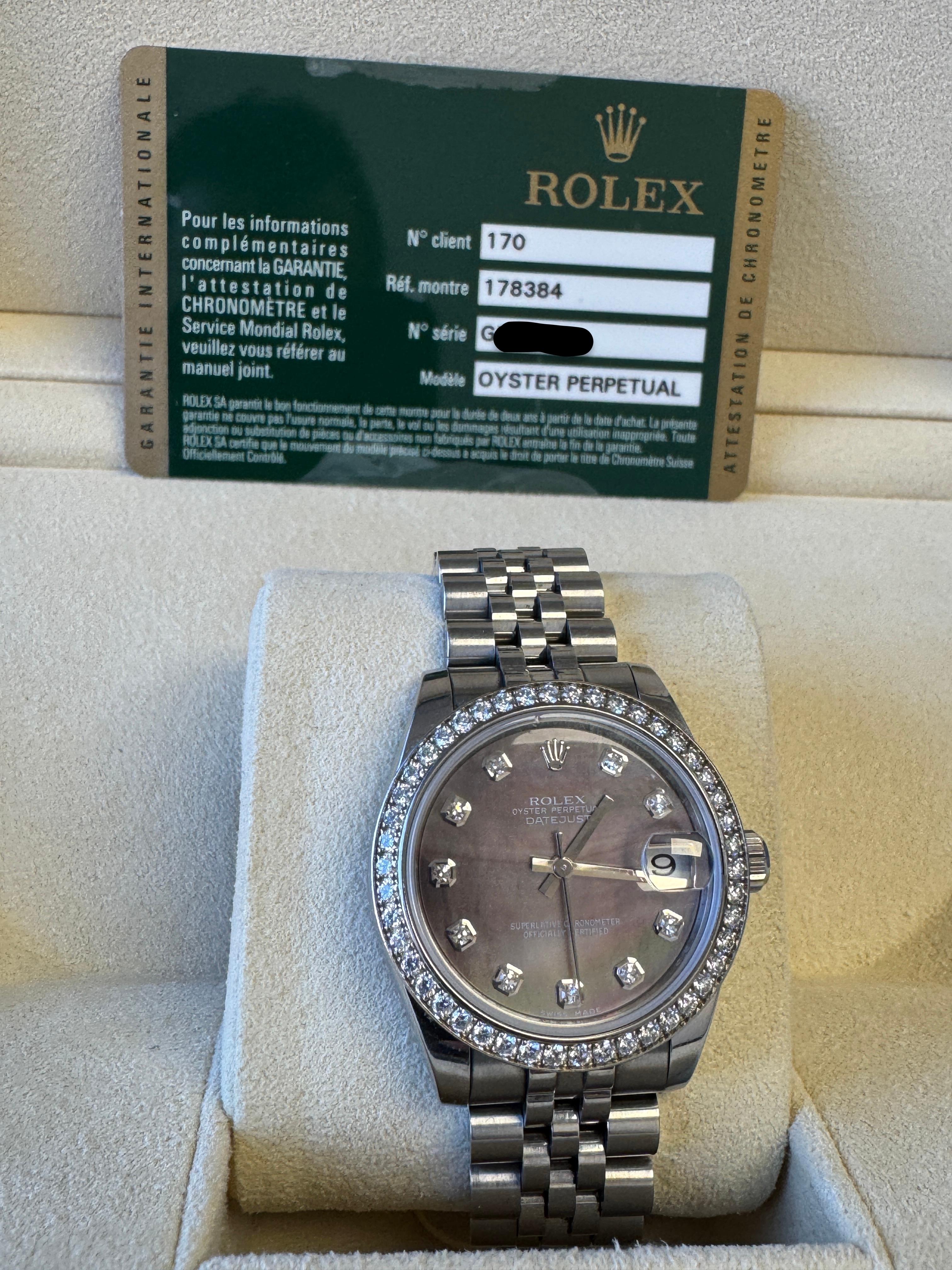 Rolex Date Just 178384 Tahitian MOP Diamant Zifferblatt Box & Papiere mit Zifferblatt im Angebot 6
