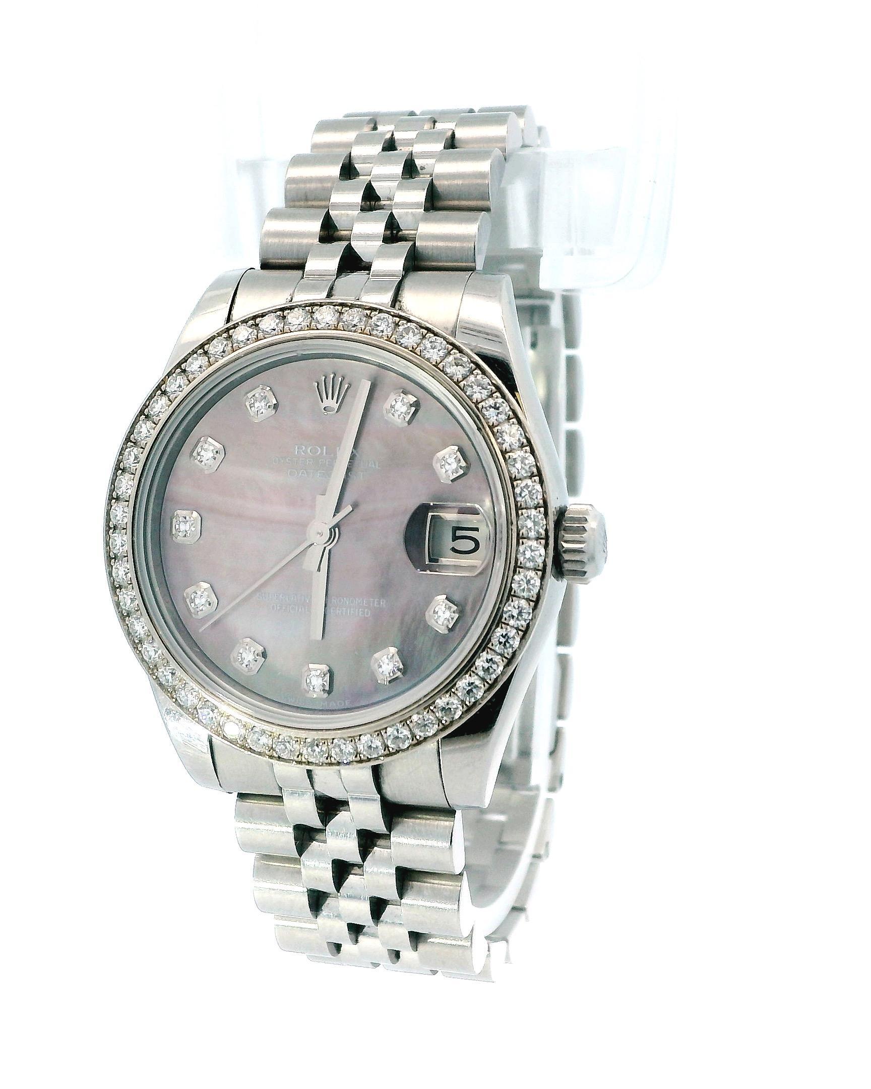 Rolex Oyster Perpetual 178384 Datejust ladies watch. 31MM stainless steel case & 18K white gold bezel with factory diamond set. Tahitian Mother Of Pearl dial with steel hands and factory diamond hour marker. Jubilee stainless steel bracelet with