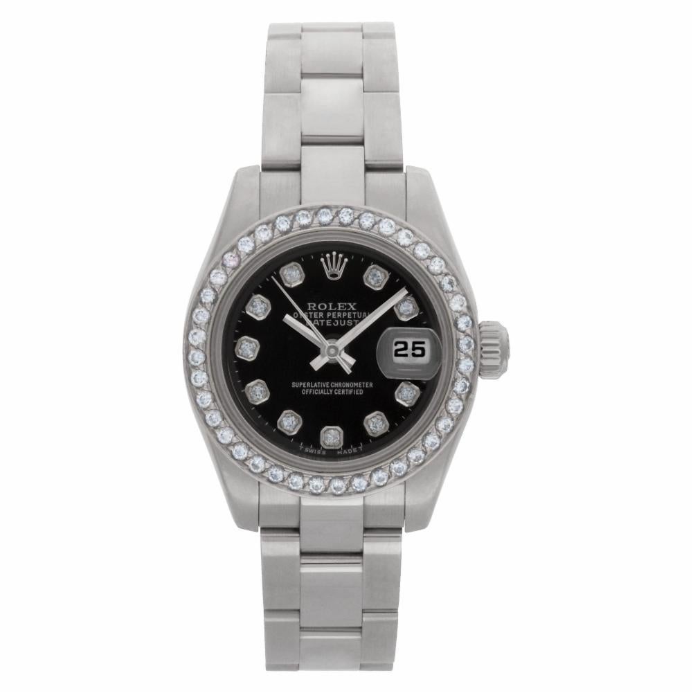 Rolex Datejust Reference #:179160. Ladies Rolex Datejust in stainless steel with custom 18k white gold diamond bezel and custom black diamond dial. Auto w/ sweep seconds and date. Ref 179160. Circa 2005. Fine Pre-owned Rolex Watch. Certified