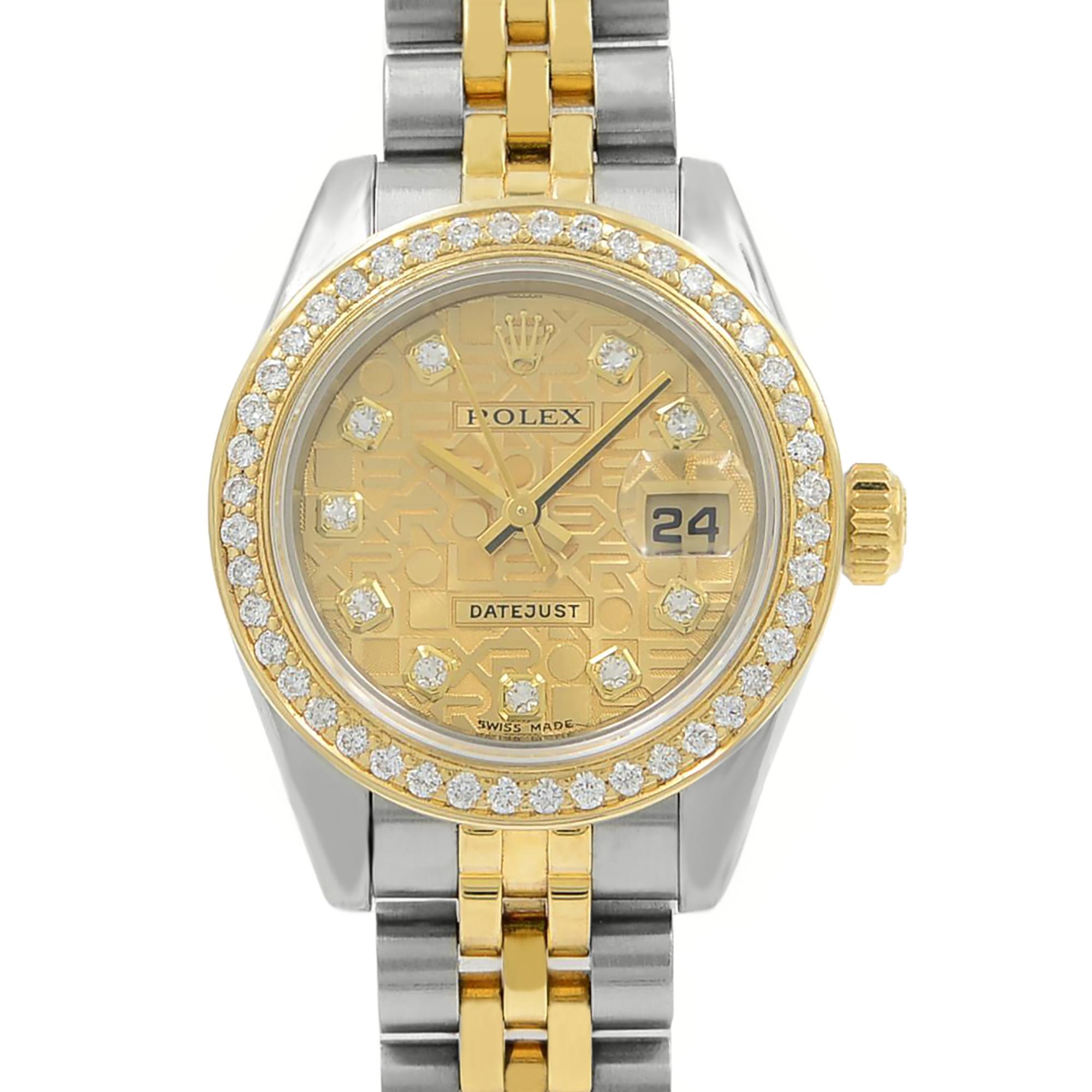 This pre-owned Rolex Datejust  179173  is a beautiful Ladies timepiece that is powered by an automatic movement which is cased in a stainless & solid gold case. It has a round shape face, date, diamonds dial, and has hand diamonds style markers. It