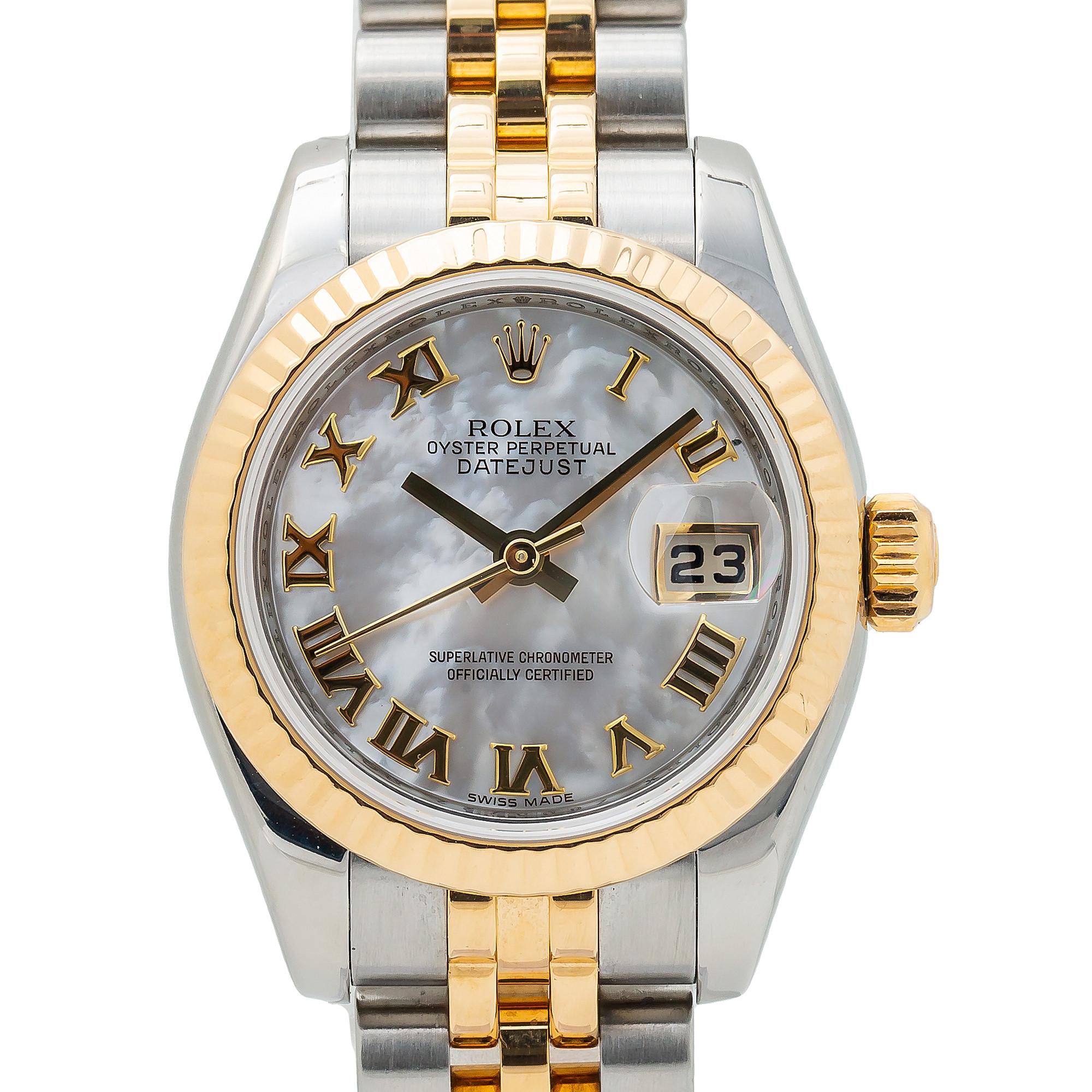 Rolex Datejust 179173 Lady MOP Factory Dial 18 Karat Two-Tone Box and Paper In Excellent Condition In Miami, FL