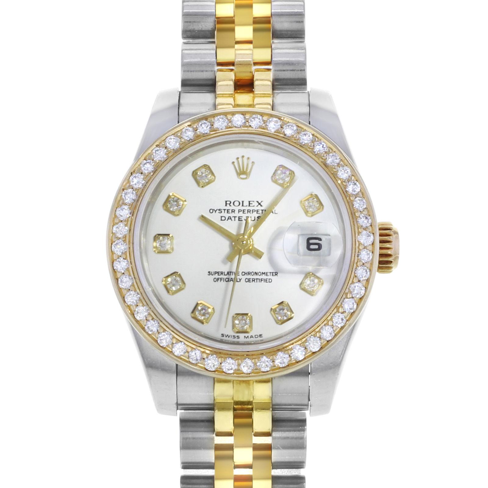 (20703)
This pre-owned Rolex Datejust 179173 is a beautiful Ladies timepiece that is powered by an automatic movement which is cased in a stainless & solid gold case. It has a round shape face, date, diamonds dial and has hand diamonds style