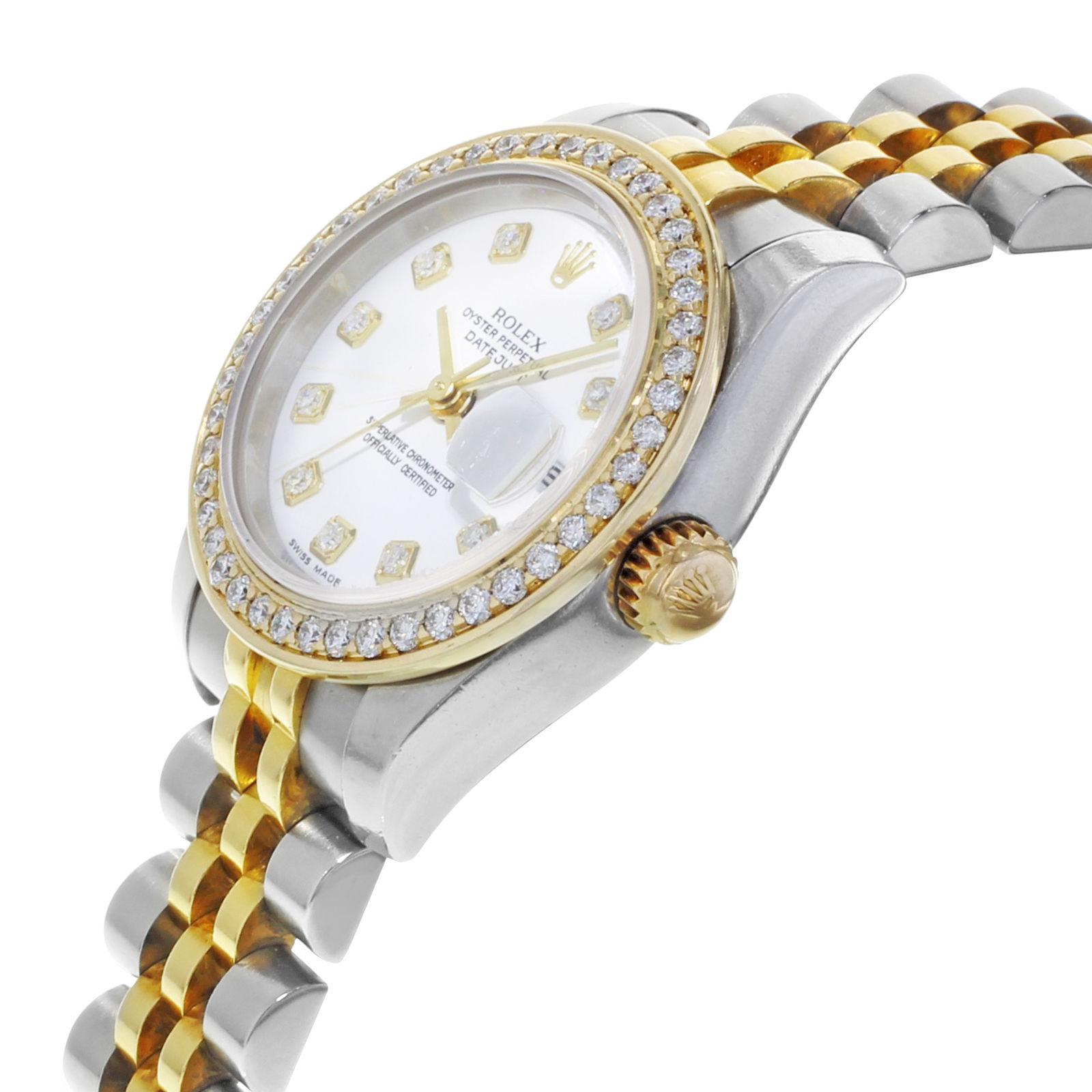 Rolex Datejust 179173 Steel 18 Karat Gold White Dial 0.80 Custom Diamond Watch In Excellent Condition In New York, NY