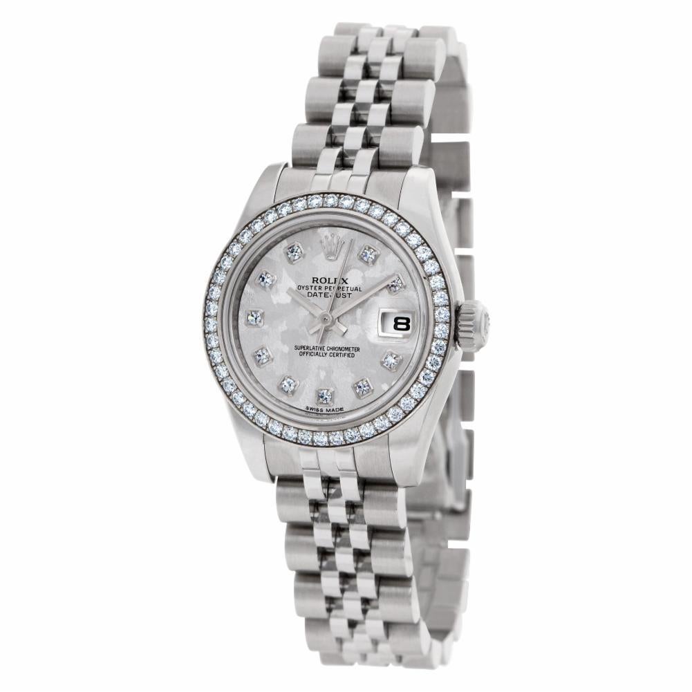 Rolex Datejust in stainless steel with factory original 18k white gold diamond bezel with grey gold crystal diamond dial. Auto with date and sweep seconds. With warranty papers. Ref 179384. Circa 2018. 26mm case size. Fine Pre-owned Rolex Watch.