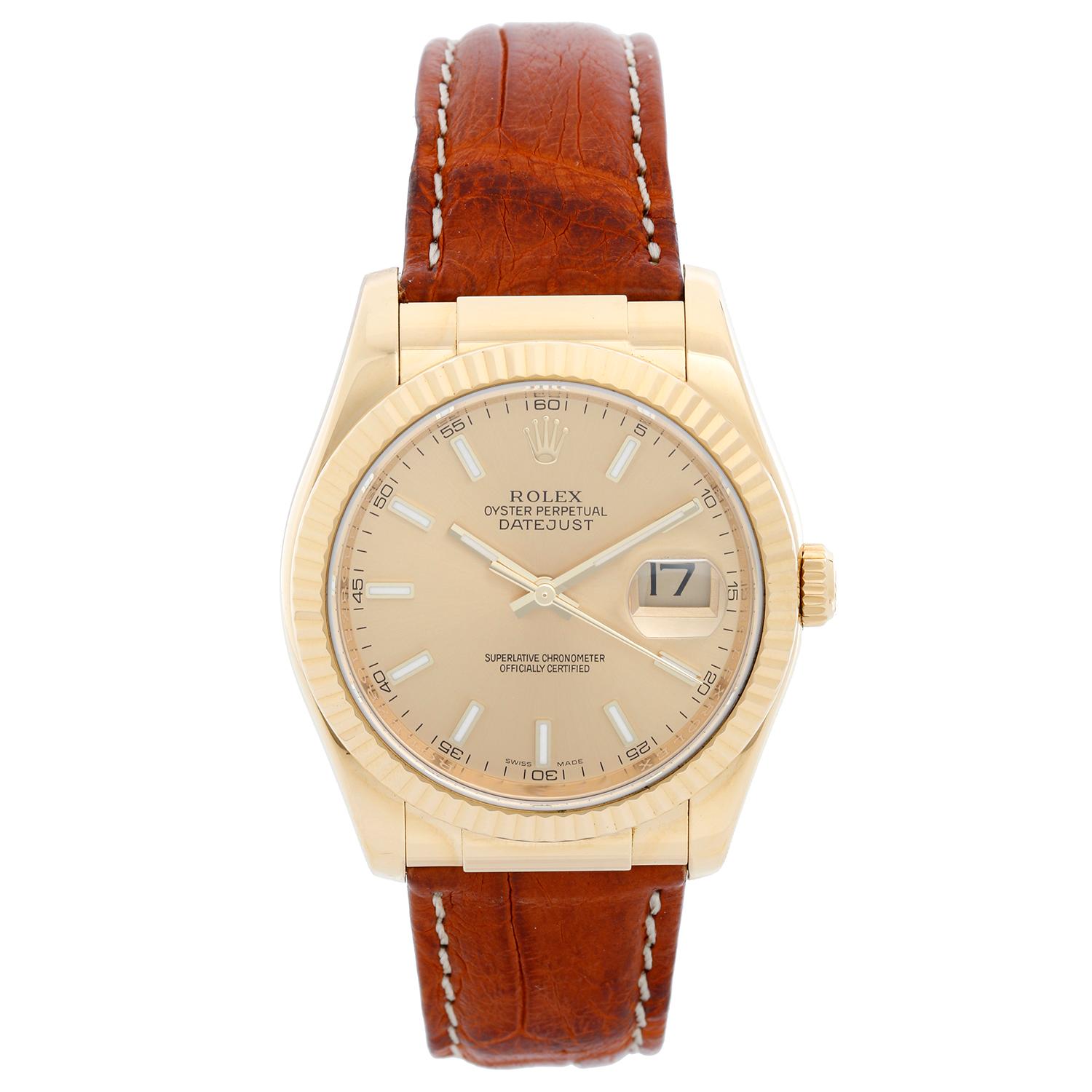 Rolex Datejust 18 Karat Yellow Gold Men's Watch on Leather Strap Band 116138