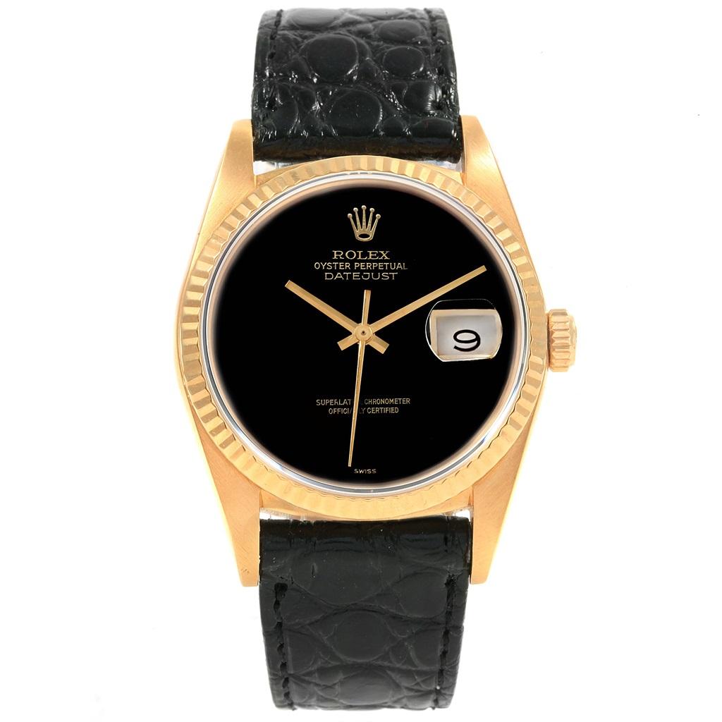 Rolex Datejust 18k Yellow Gold Onyx Dial Vintage Mens Watch 16018. Officially certified chronometer automatic self-winding movement. 18k yellow gold case 36.0 mm in diameter. Rolex logo on a crown. 18k yellow gold fluted bezel. Acrylic crystal with