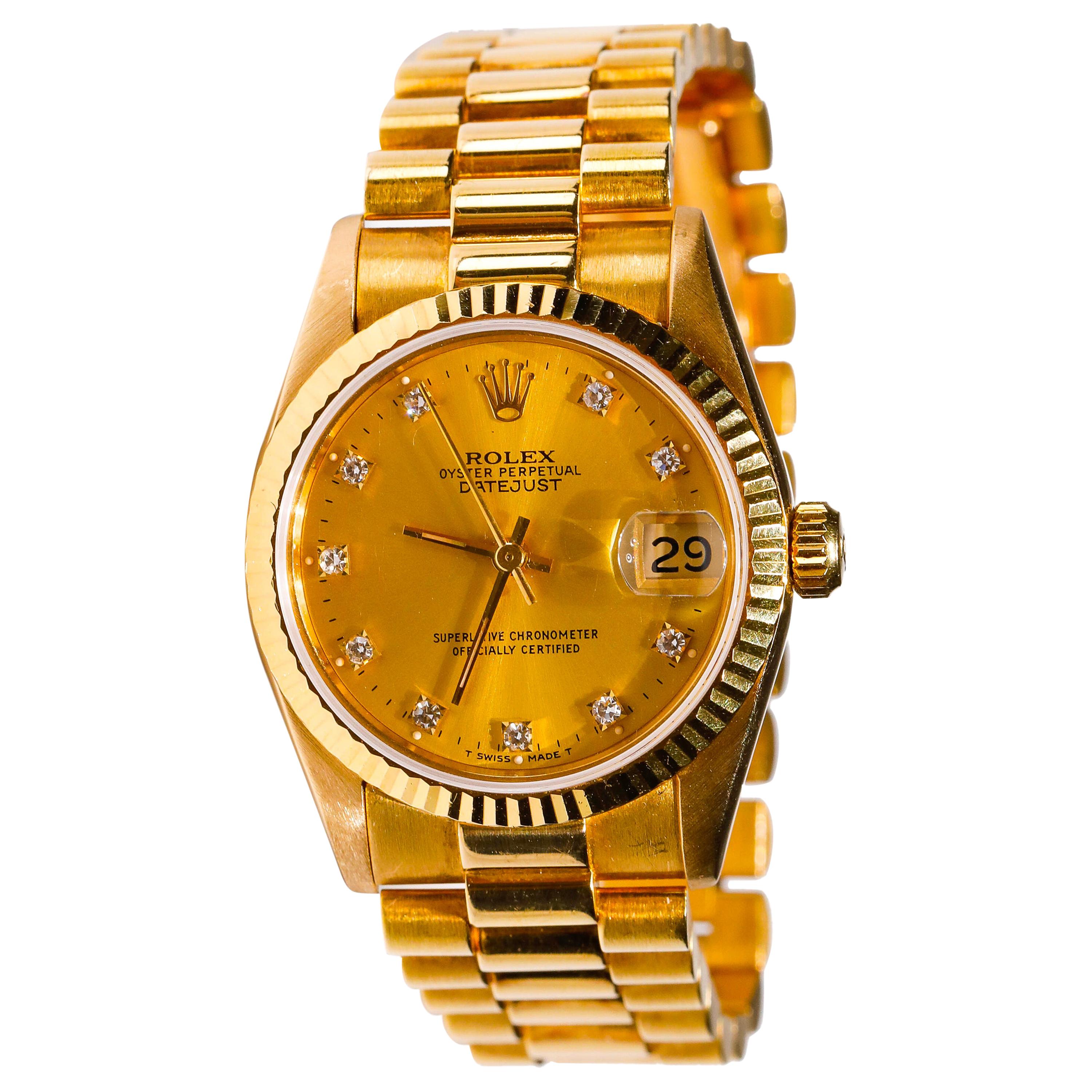 Rolex Datejust 18 Karat Yellow Gold Original Champaign Automatic Dial Watch 19s For Sale