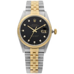 Rolex Datejust 18 Karat Yellow Gold Steel Black Diamond Dial Men's Watch 16233
