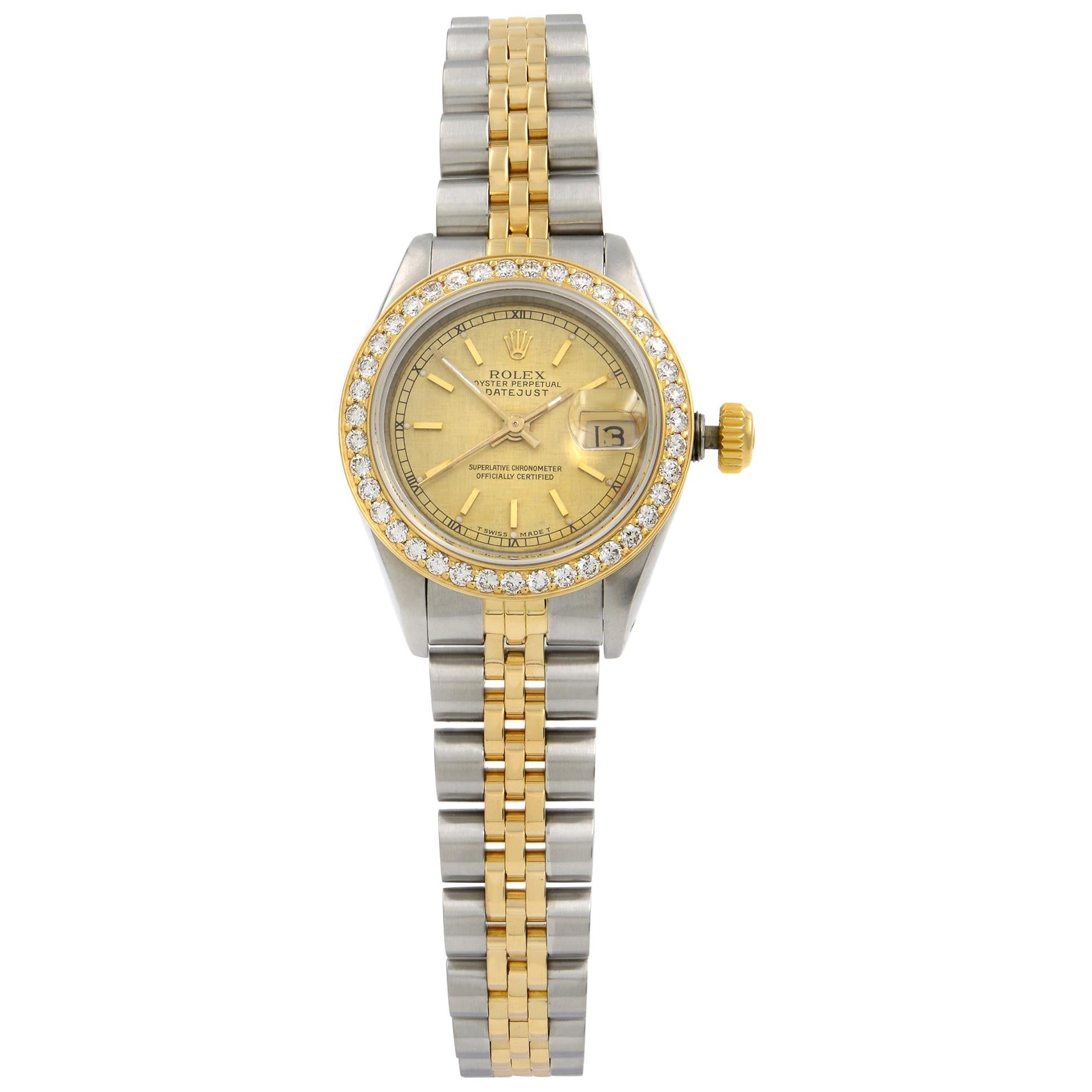 Rolex Datejust 18 Karat Yellow Gold Steel Custom Diamonds Satin Dial Watch 69173