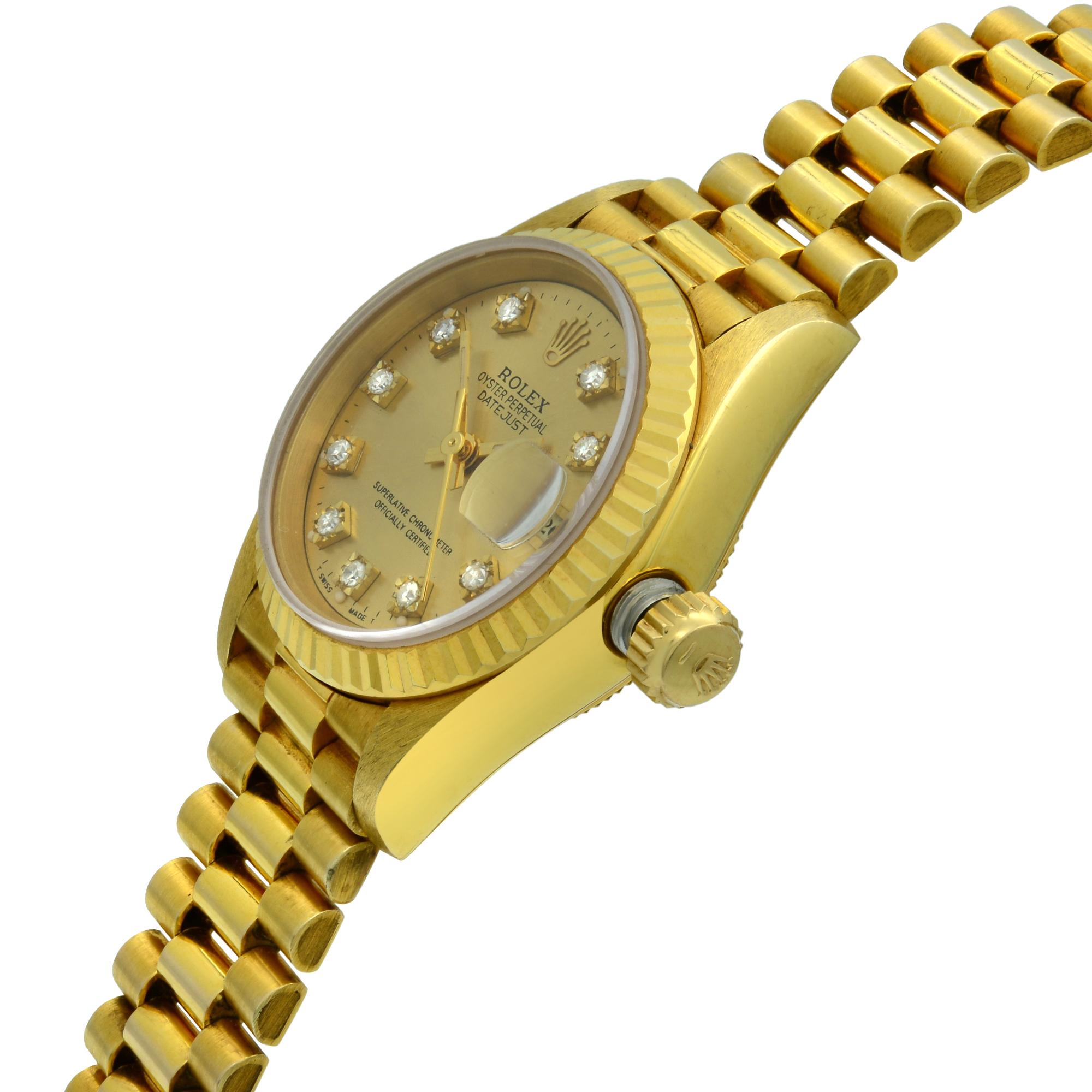 Rolex Datejust 18K Gold Champagne Diamond Dial President Ladies Watch 69178G In Good Condition In New York, NY