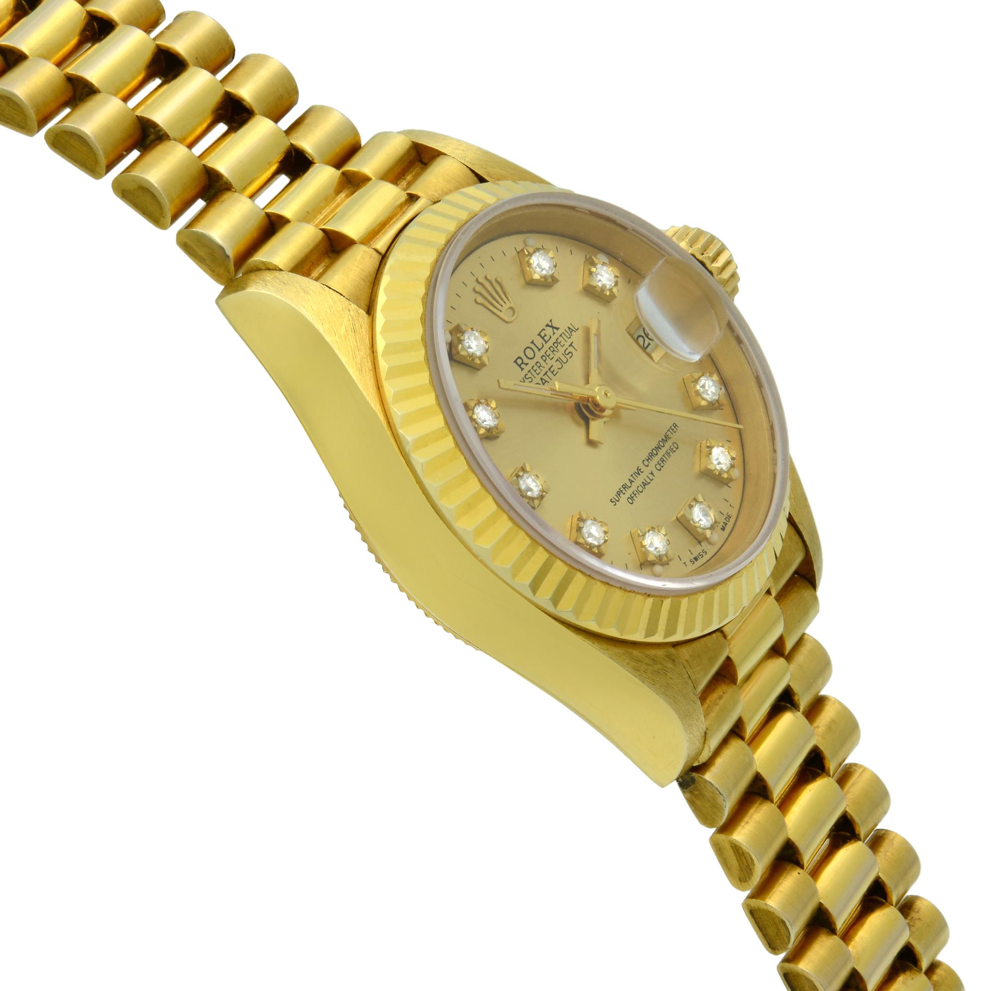 Women's Rolex Datejust 18K Gold Champagne Diamond Dial President Ladies Watch 69178G