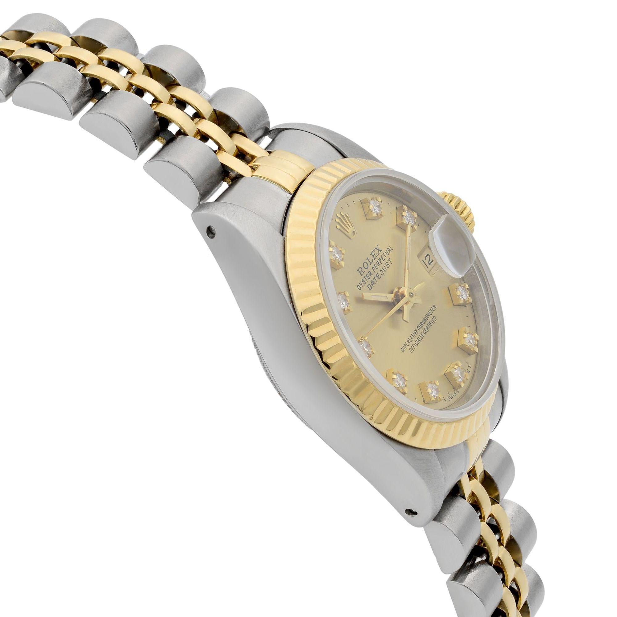 Rolex Datejust 18k Gold Champagne Factory Diamond Dial Ladies Watch 69173 In Good Condition In New York, NY
