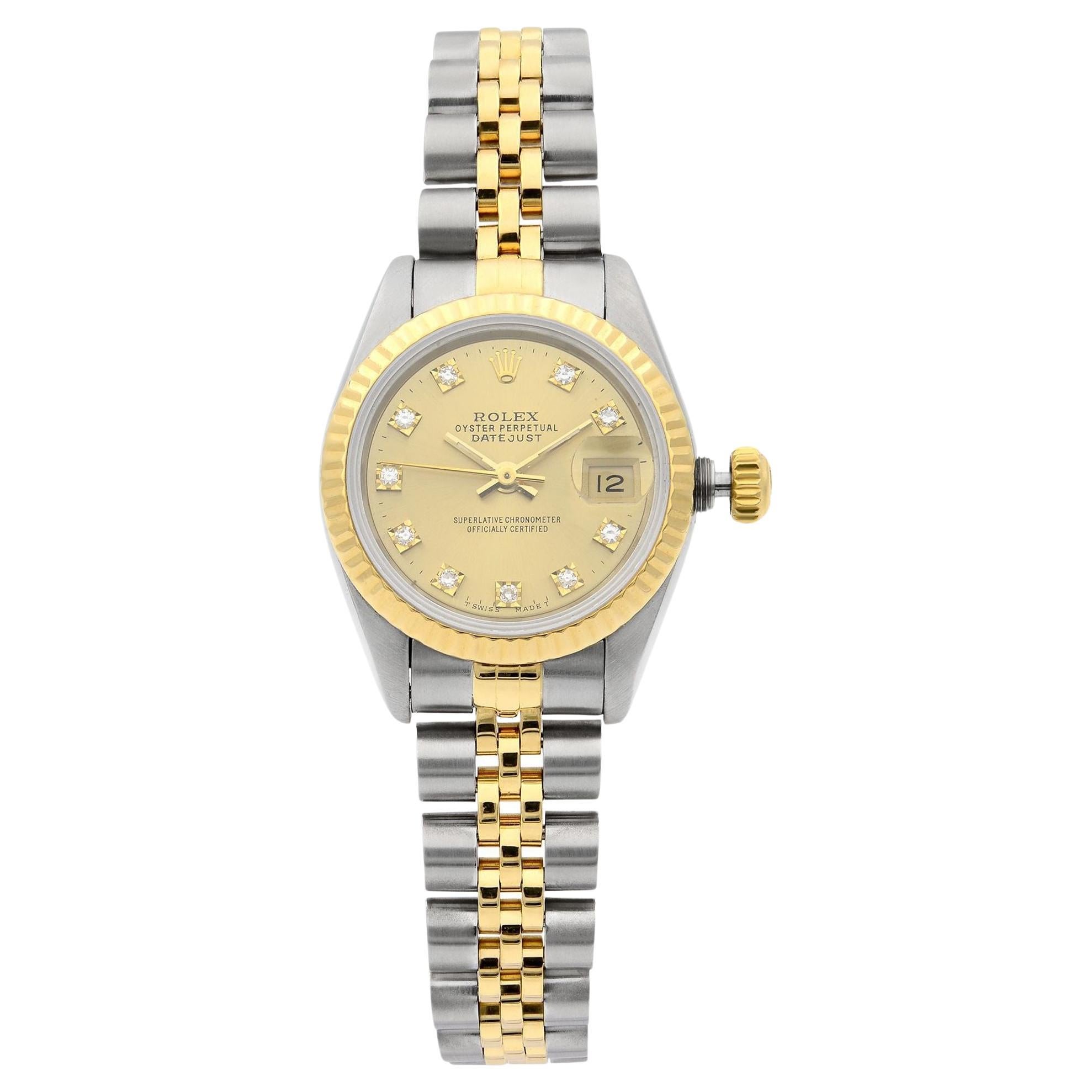 Rolex Datejust 18k Gold Champagne Factory Diamond Dial Ladies Watch 69173