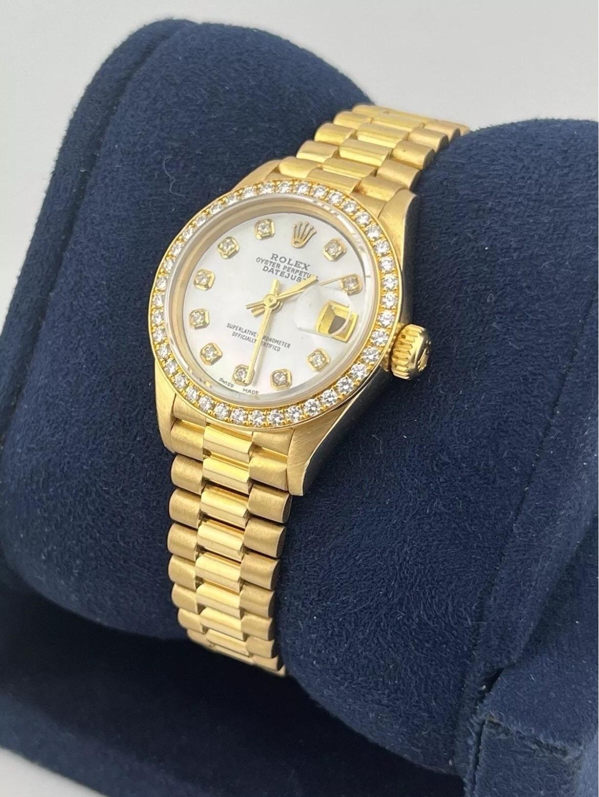 Rolex Datejust 18K Gold President 69138 Diamond Bezel MOP Dial Ladies 26mm Watch For Sale 5