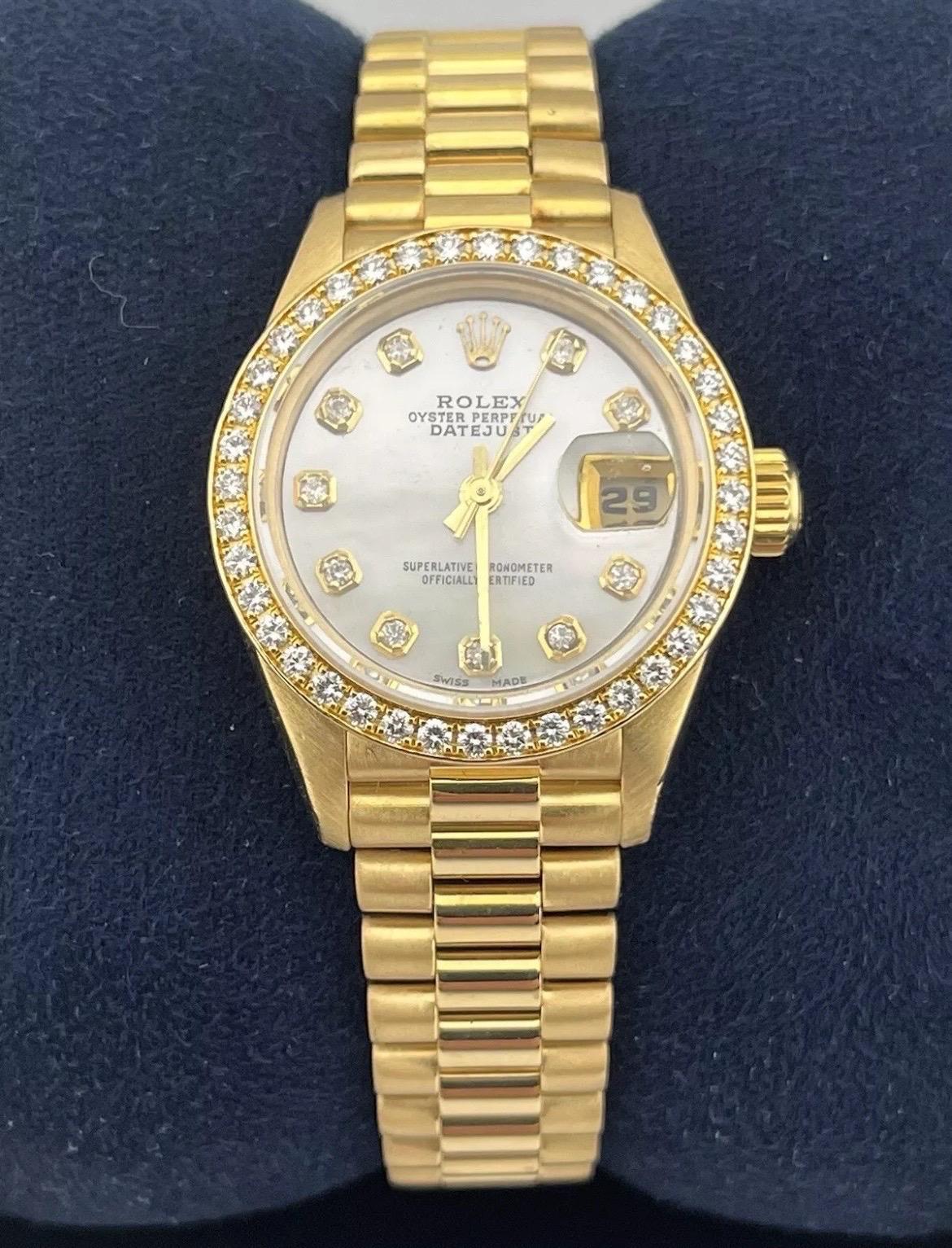 Rolex Datejust 18K Gold President 69138 Diamond Bezel MOP Dial Ladies 26mm Watch For Sale 7
