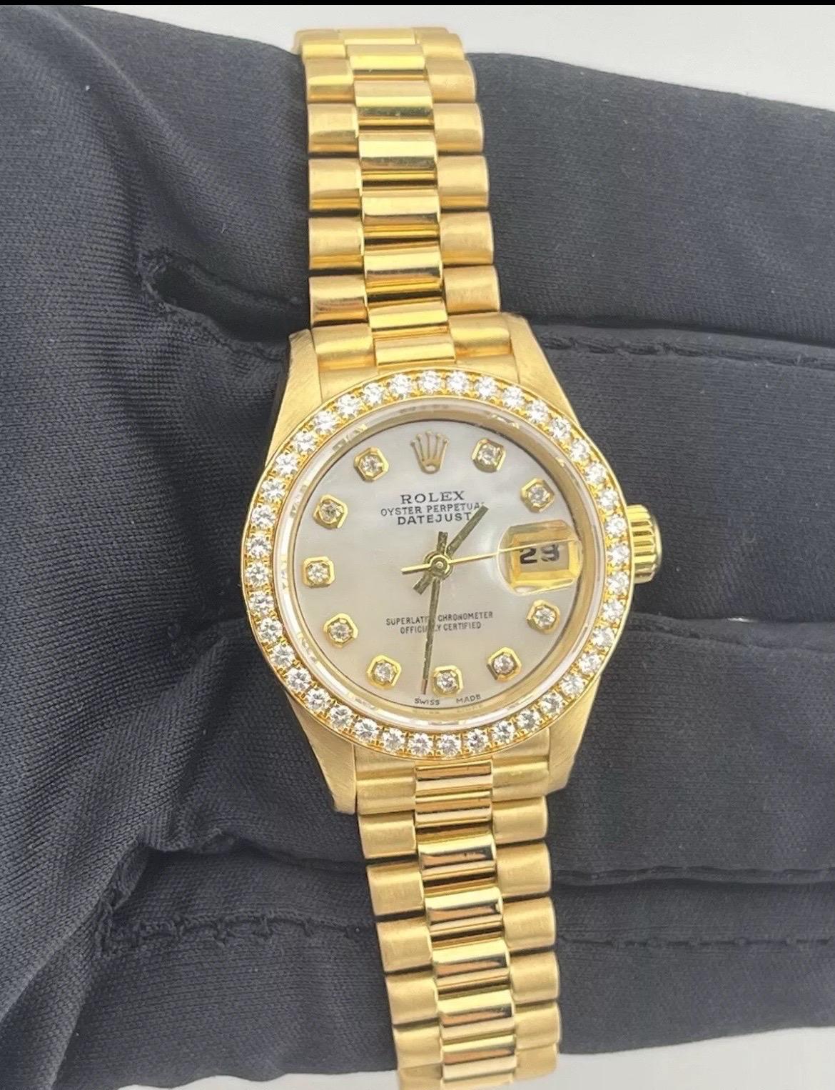 Rolex Datejust 18K Gold President 69138 Diamond Bezel MOP Dial Ladies 26mm Watch For Sale 8