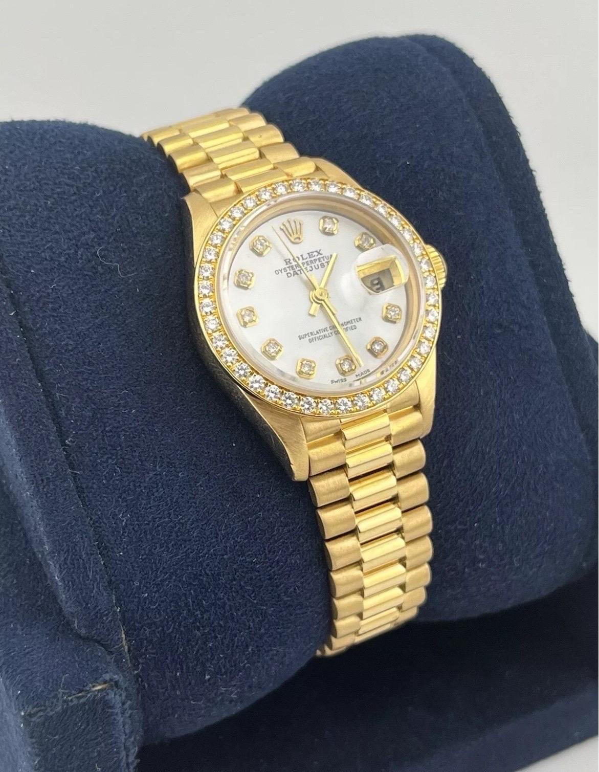 Round Cut Rolex Datejust 18K Gold President 69138 Diamond Bezel MOP Dial Ladies 26mm Watch For Sale