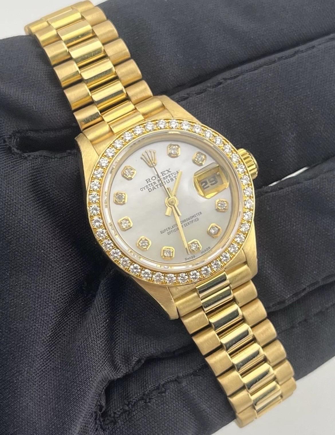 Rolex Datejust 18K Gold President 69138 Diamond Bezel MOP Dial Ladies 26mm Watch In Good Condition For Sale In Boca Raton, FL