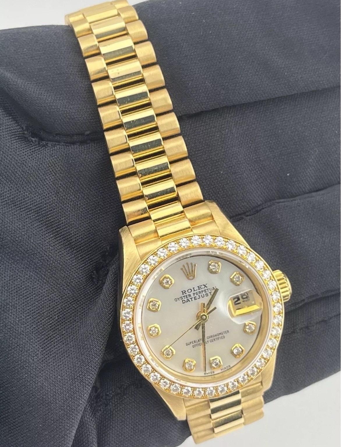 Women's Rolex Datejust 18K Gold President 69138 Diamond Bezel MOP Dial Ladies 26mm Watch For Sale