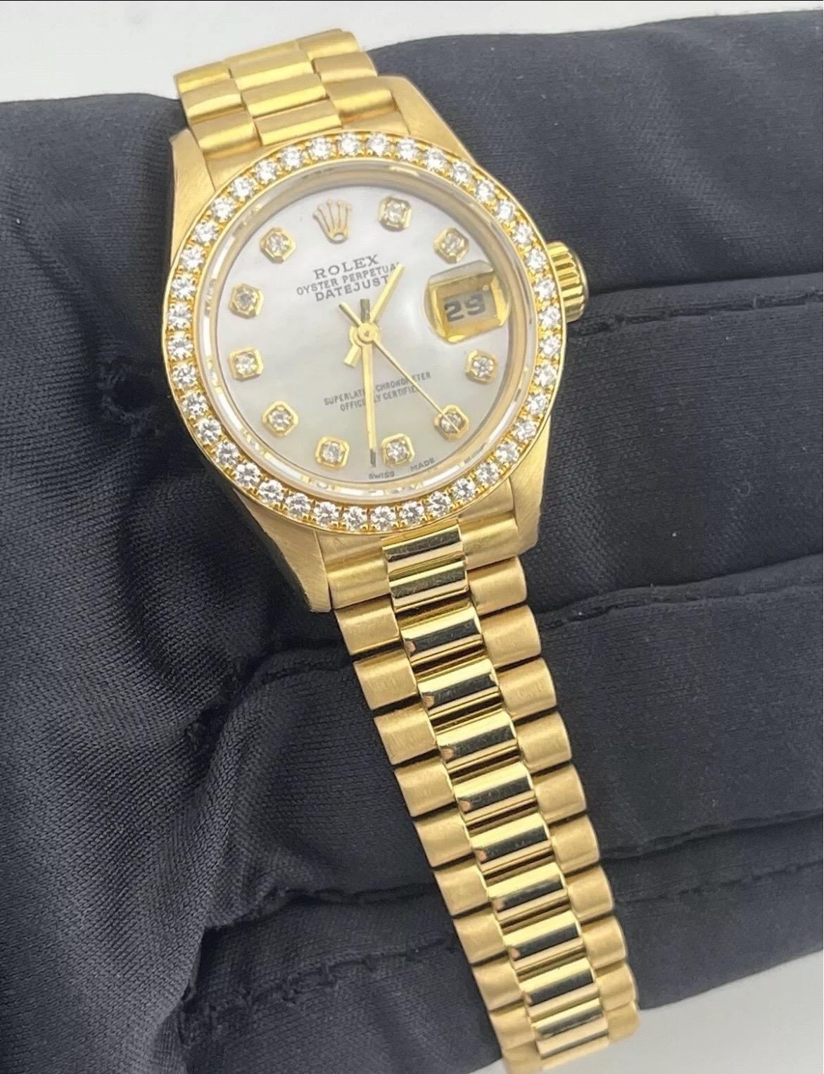 Rolex Datejust 18K Gold President 69138 Diamond Bezel MOP Dial Ladies 26mm Watch For Sale 4