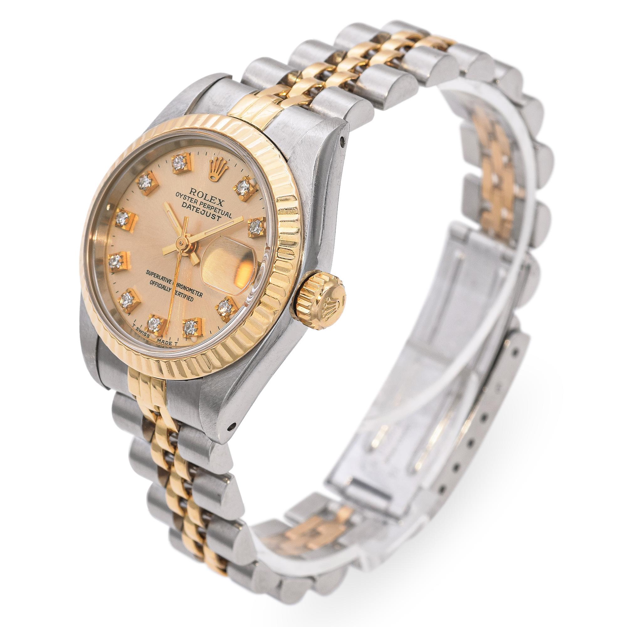 Round Cut Rolex Datejust 18K Gold SS Diamond Dial Automatic Women's Watch 69173