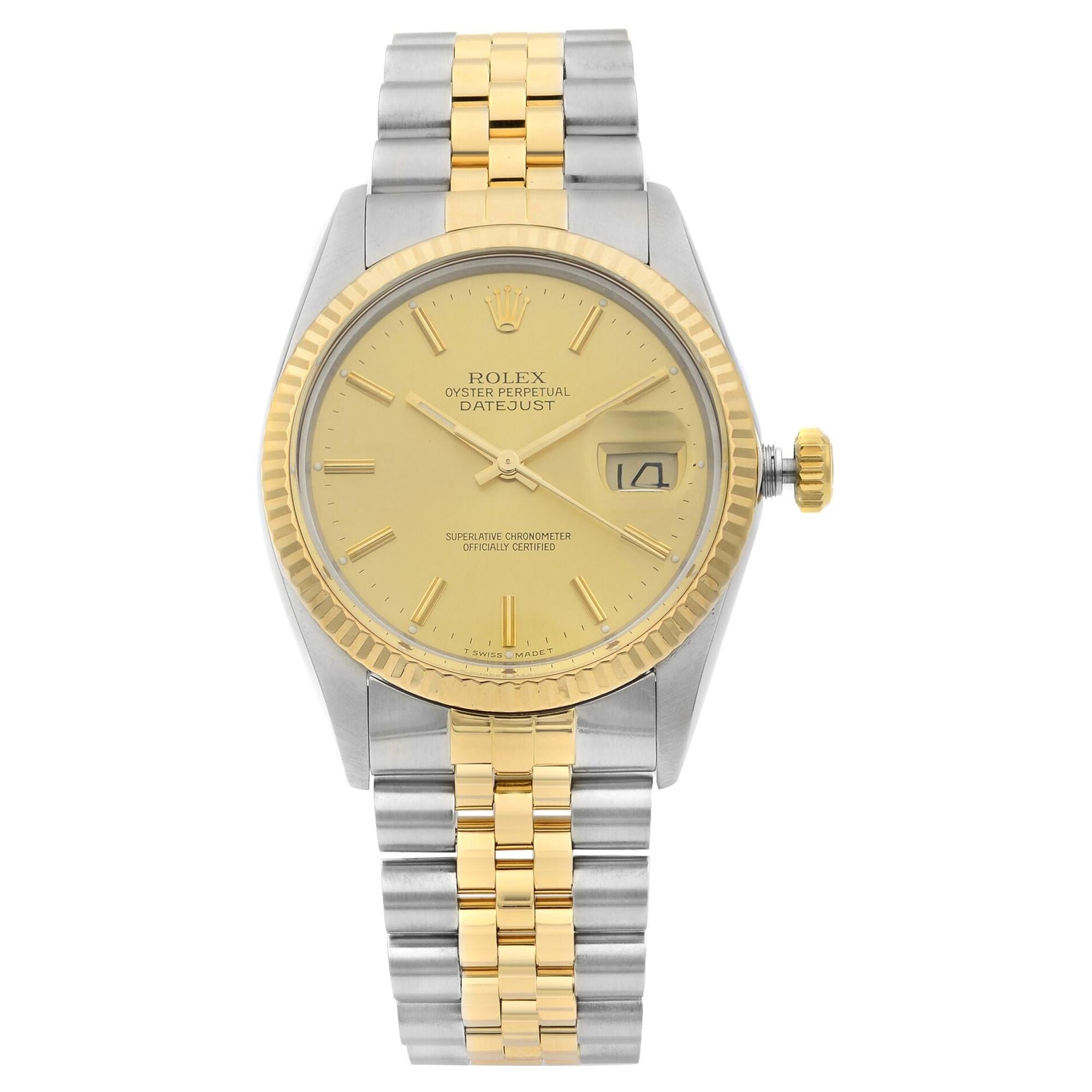 Rolex Datejust 18K Gold Steel Champagne Dial Automatic Mens Watch 16013