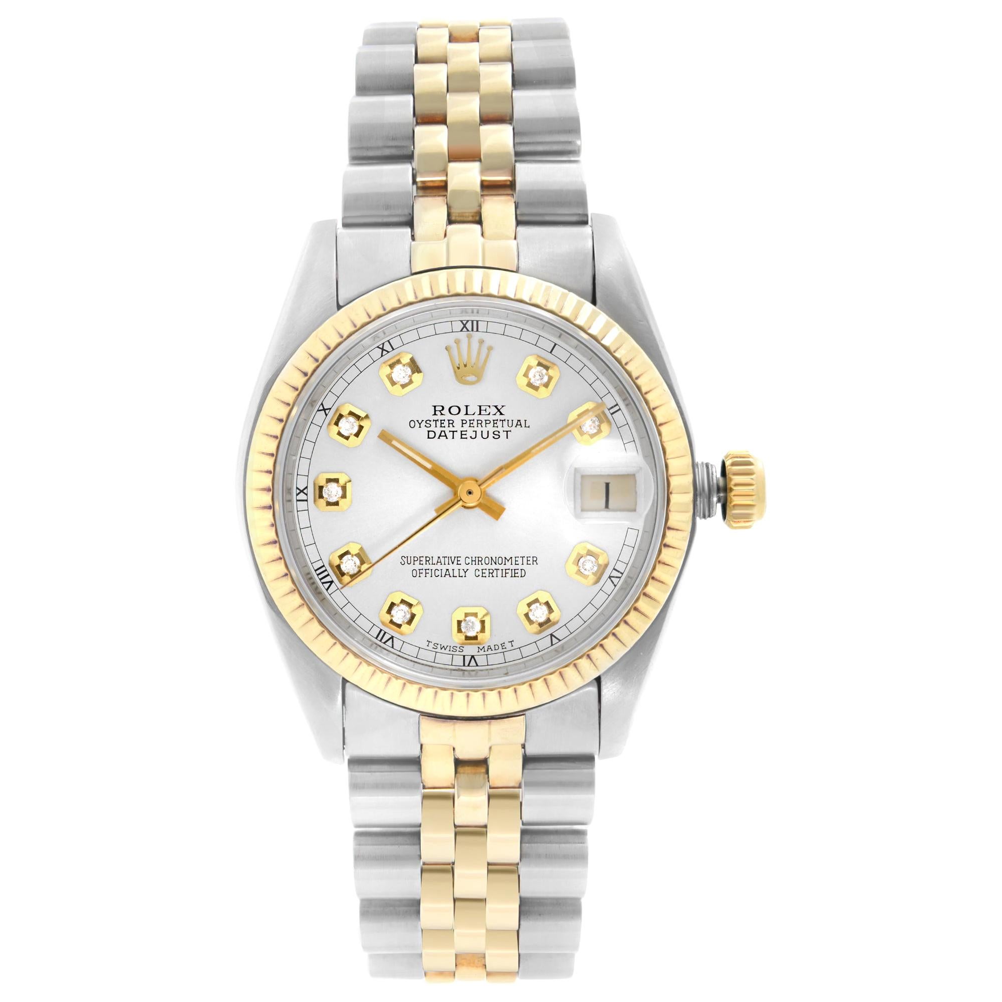 Rolex Datejust 18k Gold Steel Custom Silver Diamond Dial Ladies Watch 6827