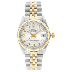 Retro Rolex Datejust 18k Gold Steel Custom Silver Diamond Dial Ladies Watch 6827