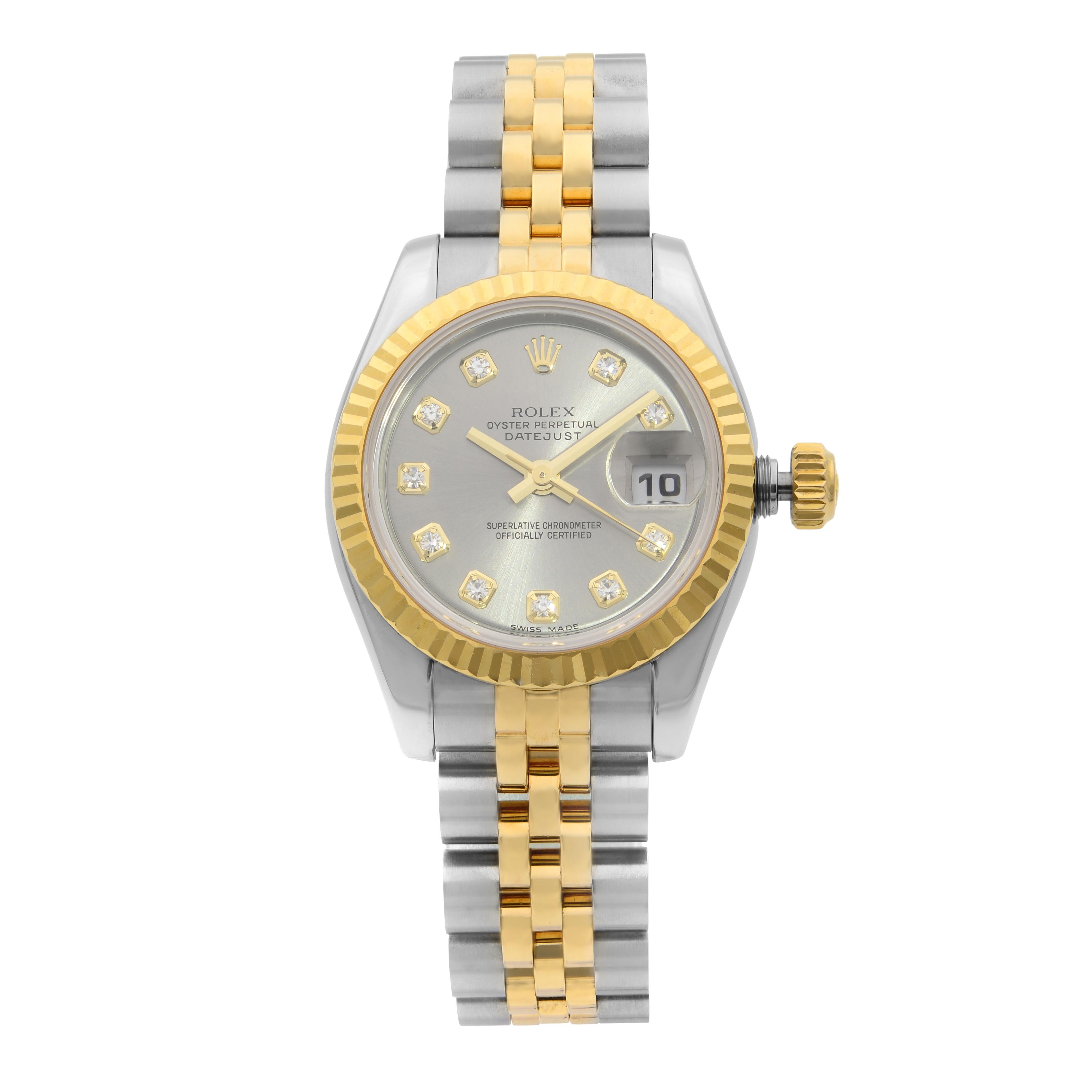 This pre-owned Rolex Datejust 179173 is a beautiful Ladie's timepiece that is powered by a mechanical (automatic) movement which is cased in a stainless steel case. It has a round shape face, date indicator dial, and has hand diamonds style markers.