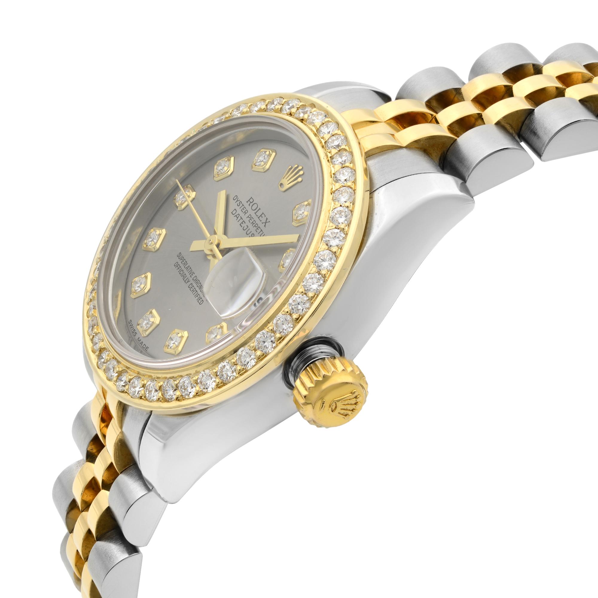 Rolex Datejust 18K Gold Steel Diamond Slate Dial Automatic Ladies Watch 179173 In Excellent Condition In New York, NY