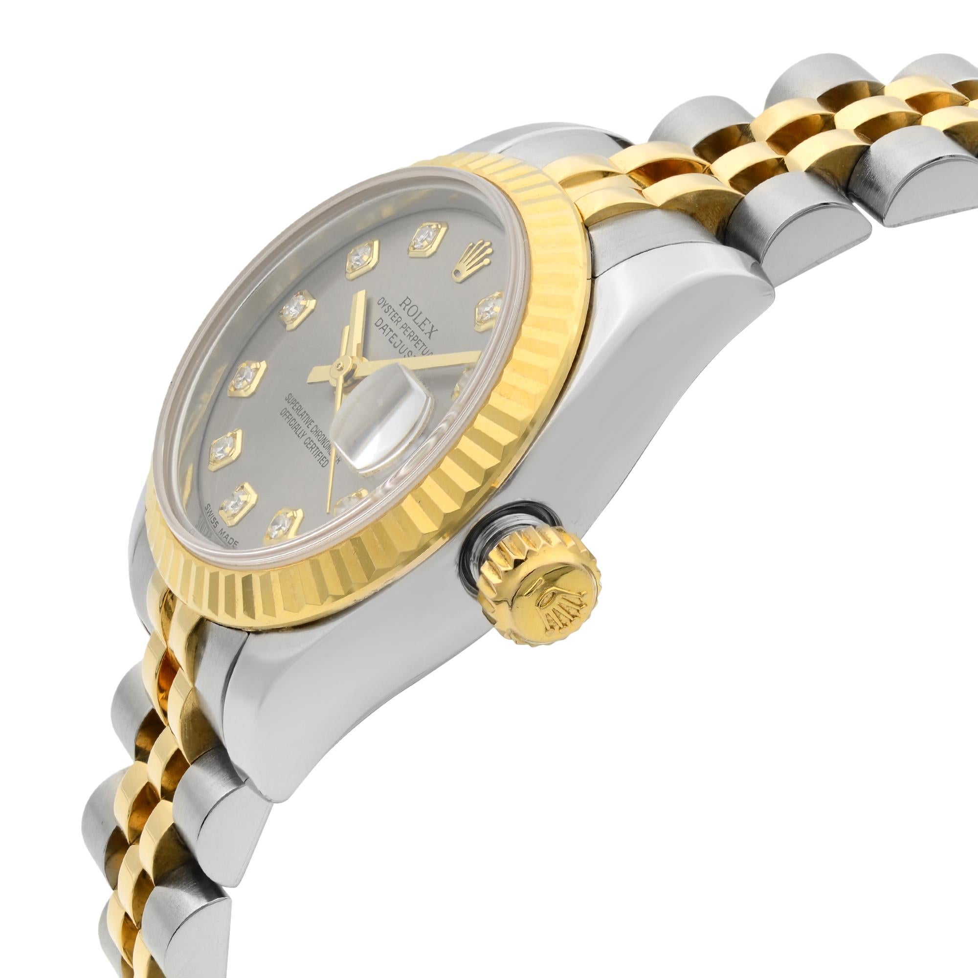 Women's Rolex Datejust 18K Gold Steel Diamond Slate Dial Automatic Ladies Watch 179173