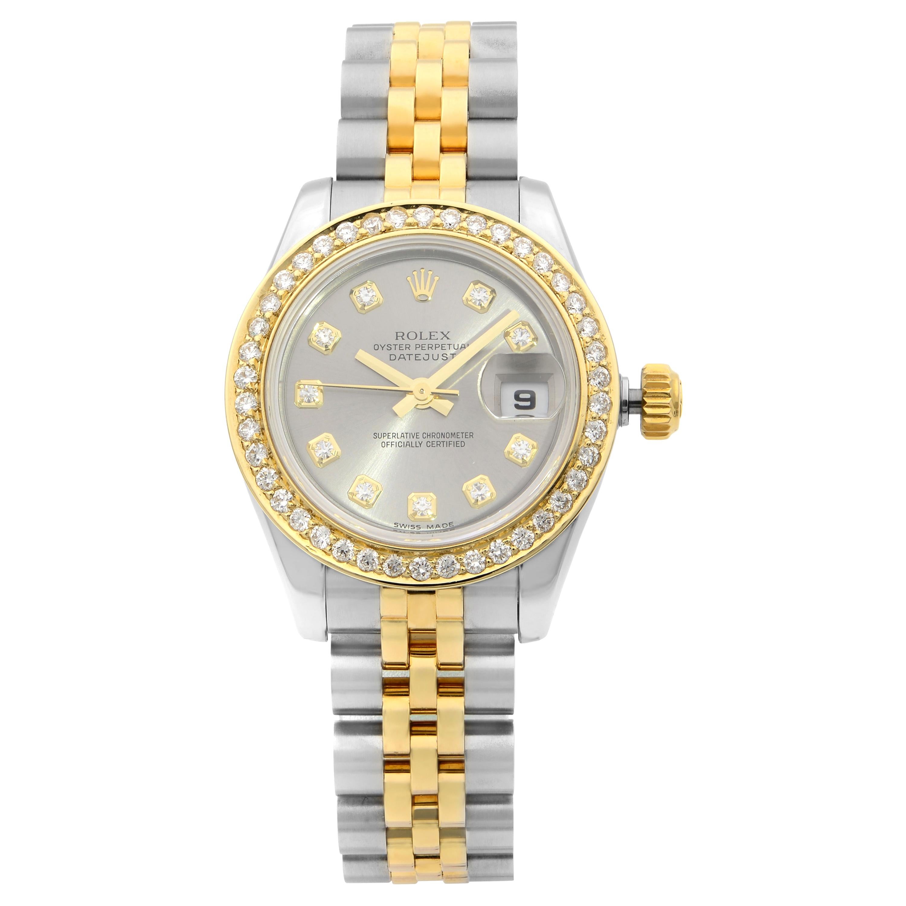 Rolex Datejust 18K Gold Steel Diamond Slate Dial Automatic Ladies Watch 179173