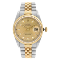 Rolex Datejust 18K Gold Steel Factory Diamond Dial Mens Watch 16233