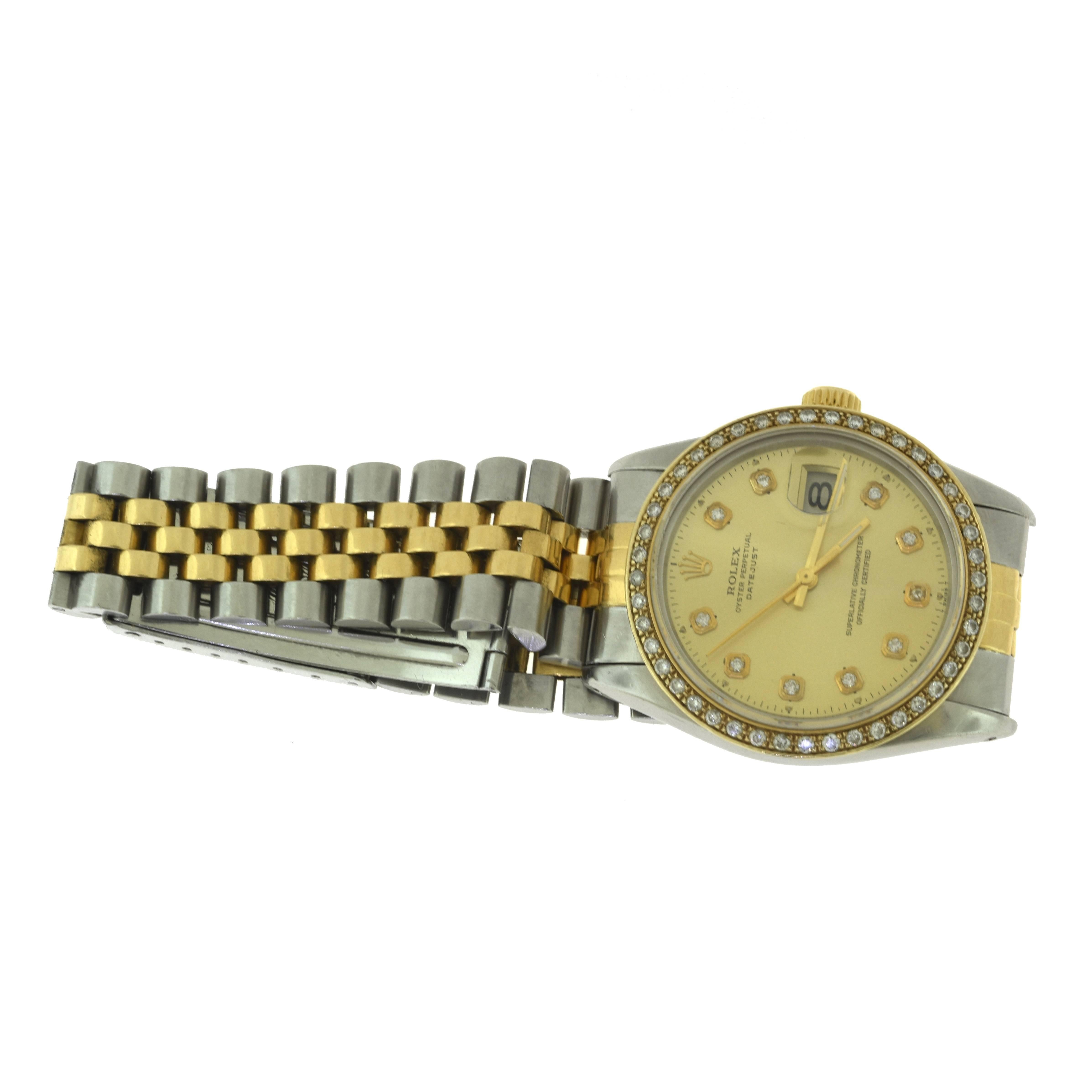 Brand: Rolex
Model Name: Datejust
Model Number: 16013
Movement: Automatic (Mechanical) 
Calibre: 3035
Jewels: More than 23 
Dial: Custom Champagne with Diamonds  
Case Size: 36 mm
Bezel: Diamonds 
Bracelet: 18k Yellow Gold, Stainless Steel Jubilee 
