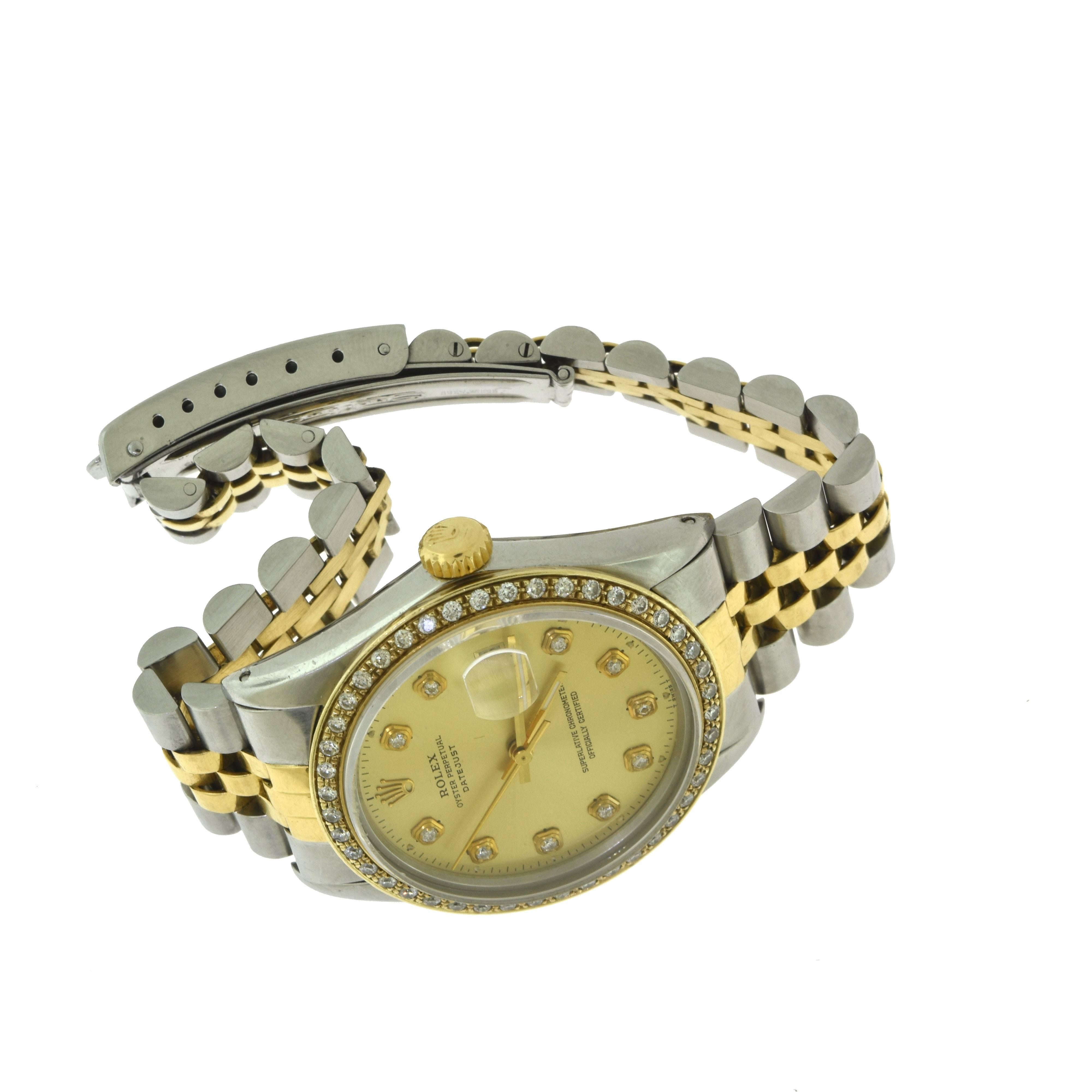 Rolex Datejust 18 Karat Gold/Steelchampagne Diamond Dial and Bezel Watch In Good Condition For Sale In Miami, FL