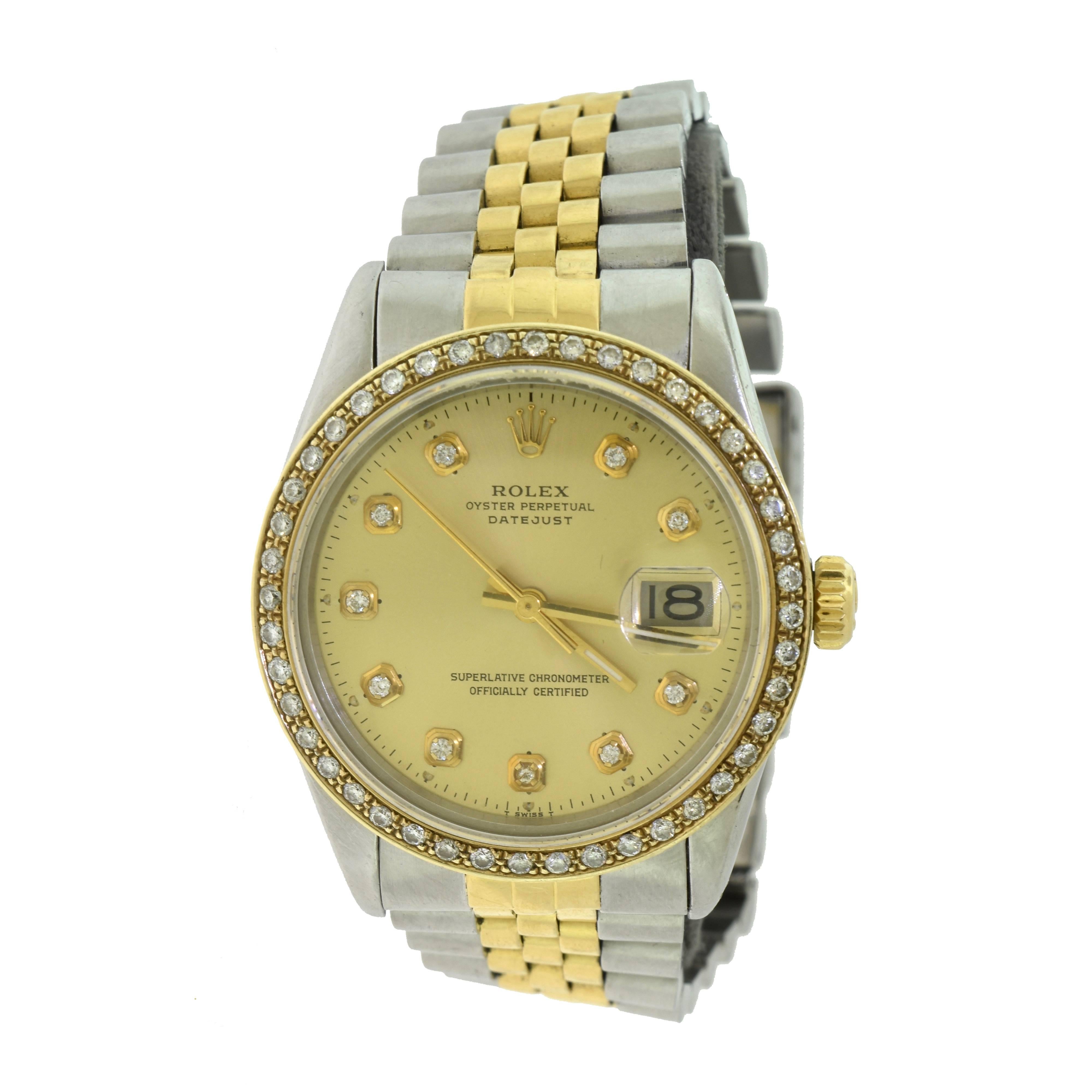 Rolex Datejust 18 Karat Gold/Steelchampagne Diamond Dial and Bezel Watch For Sale