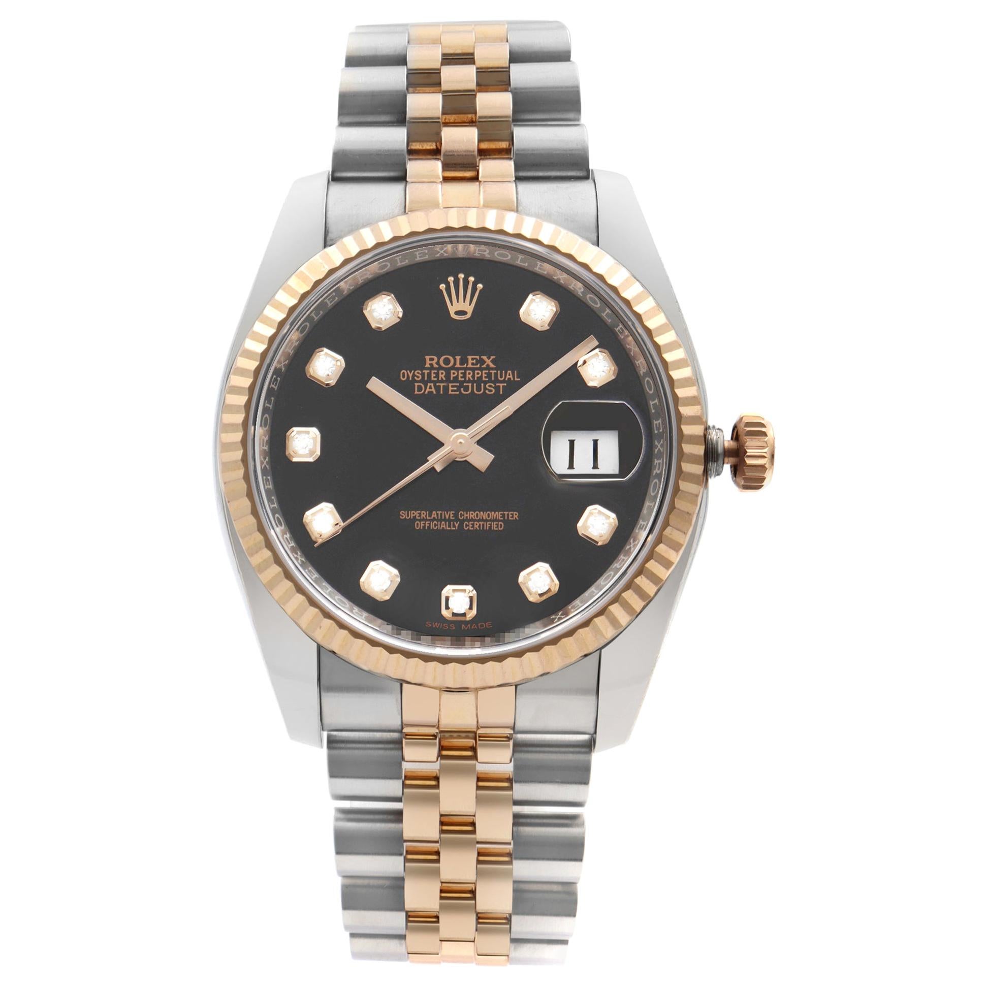 Rolex Datejust 18k Rose Gold Steel Diamond Black Dial Men's Watch 116231BKDJ