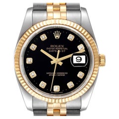 Rolex Datejust 18k Steel Yellow Gold Black Diamond Mens Watch 116233 Box Card